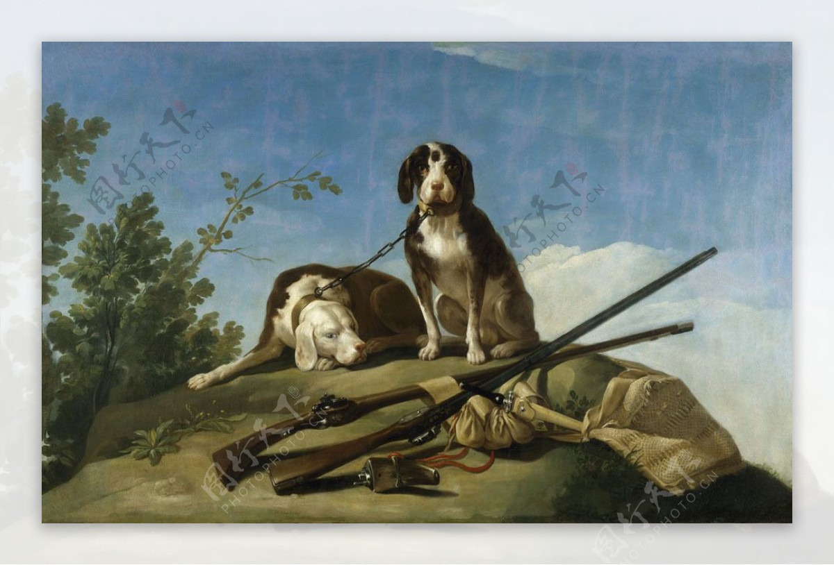 猎枪与猎狗油画写生图片
