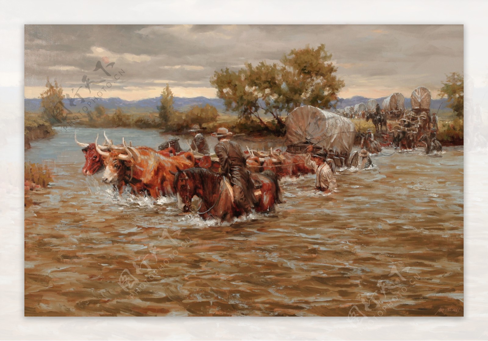 过河的牛车油画图片