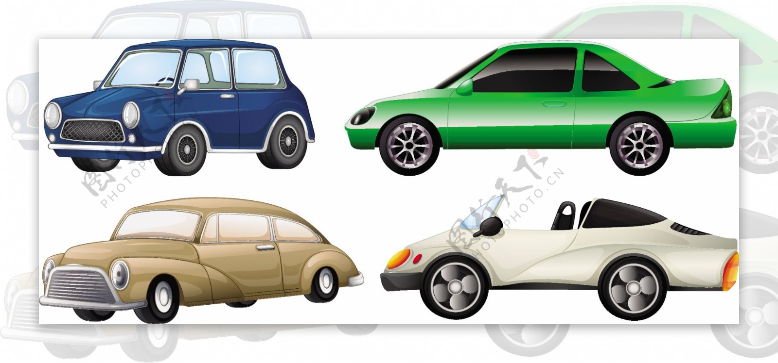 白色背景下四种不同类型汽车的图示