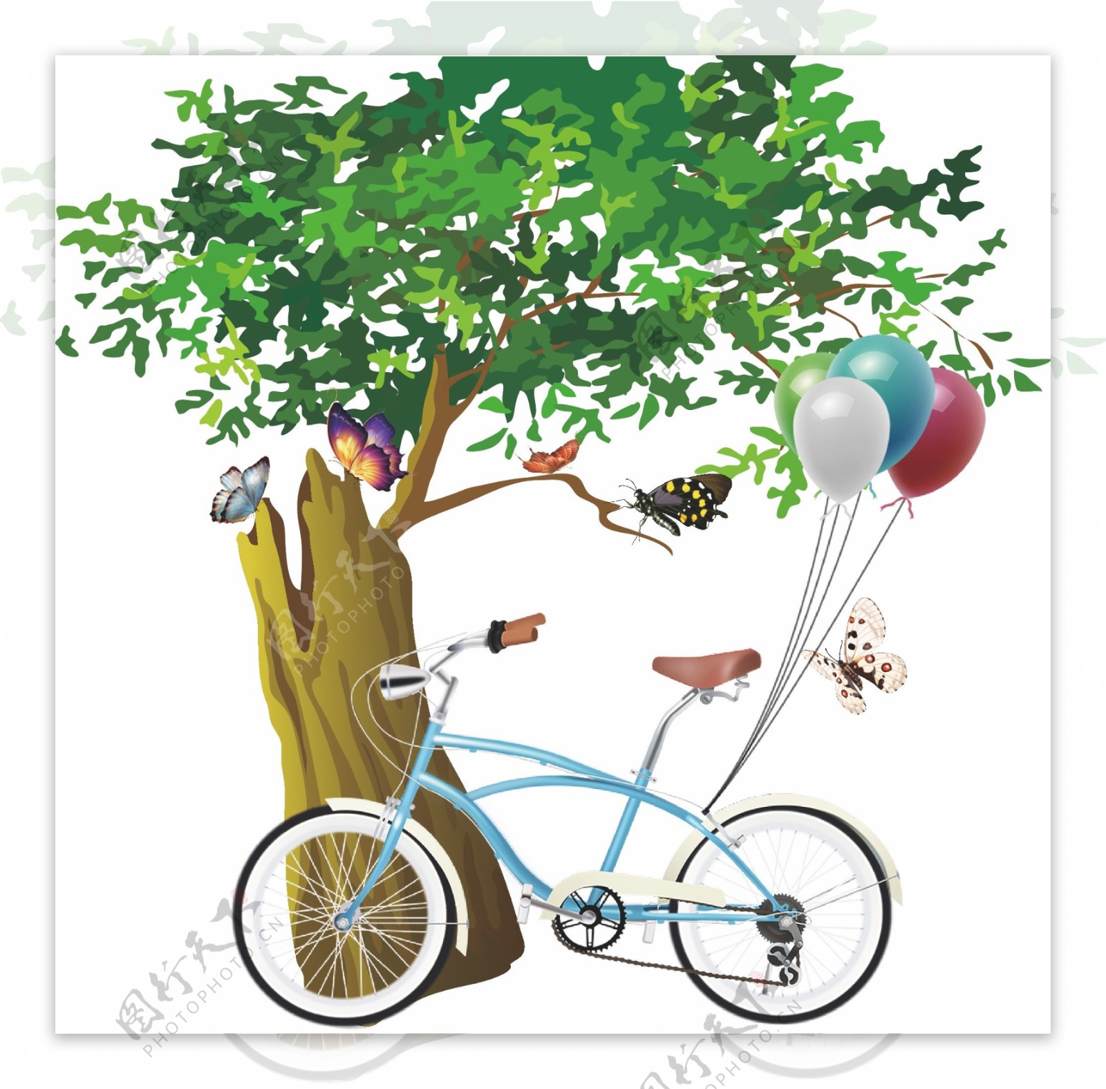 树桩树叶树枝自行车气球蝴蝶彩蝶素材