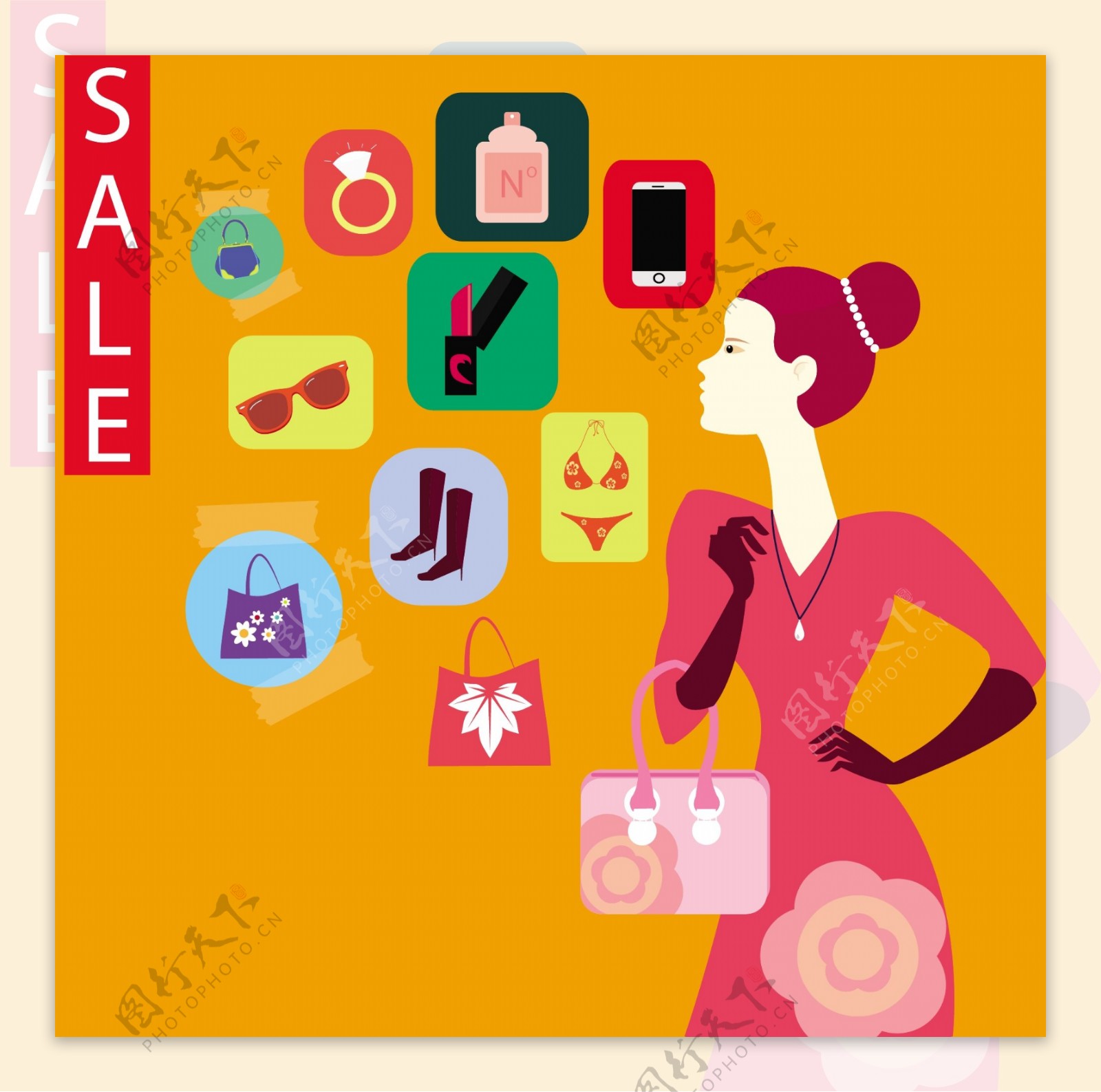 出售横幅和购物图标和女人免费矢量插图