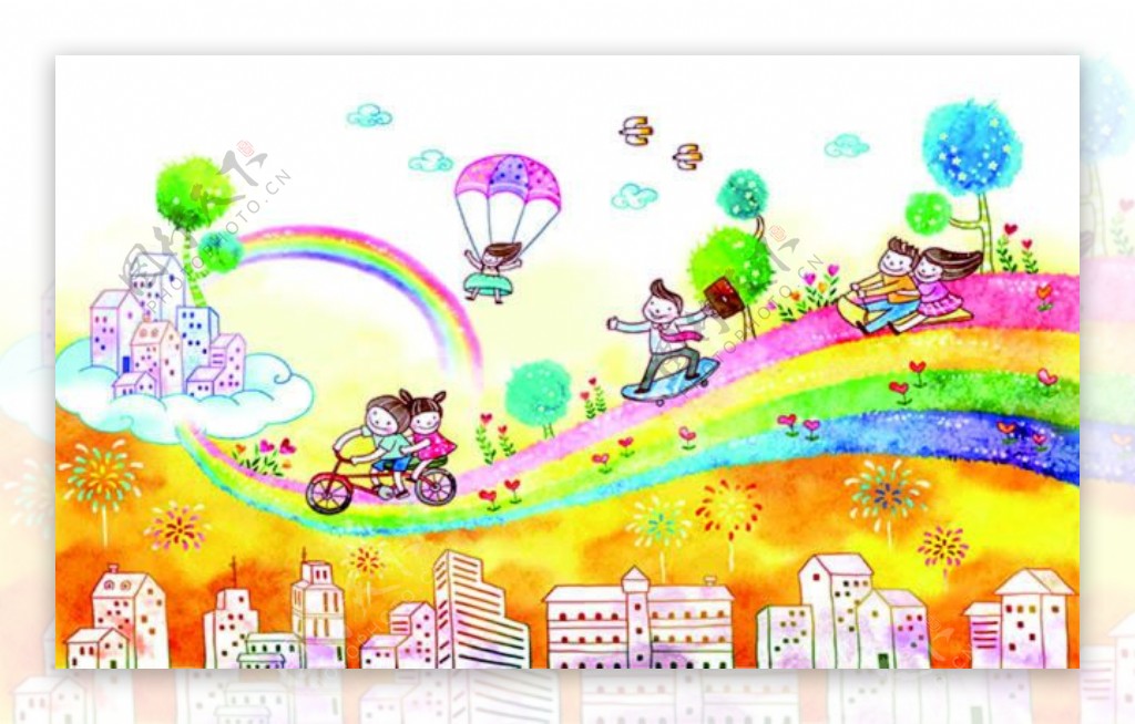 卡通手绘彩虹路创意插画设计psd素材
