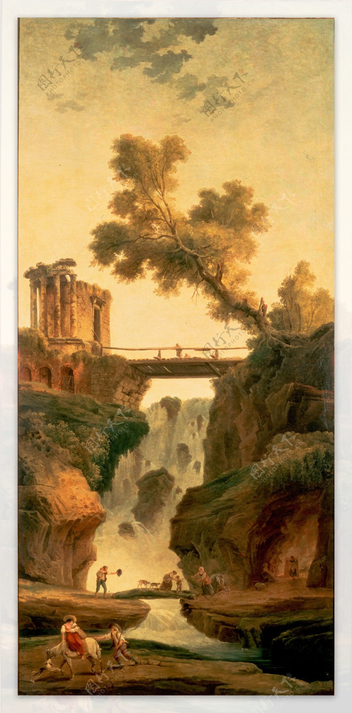 木桥瀑布风景油画图片