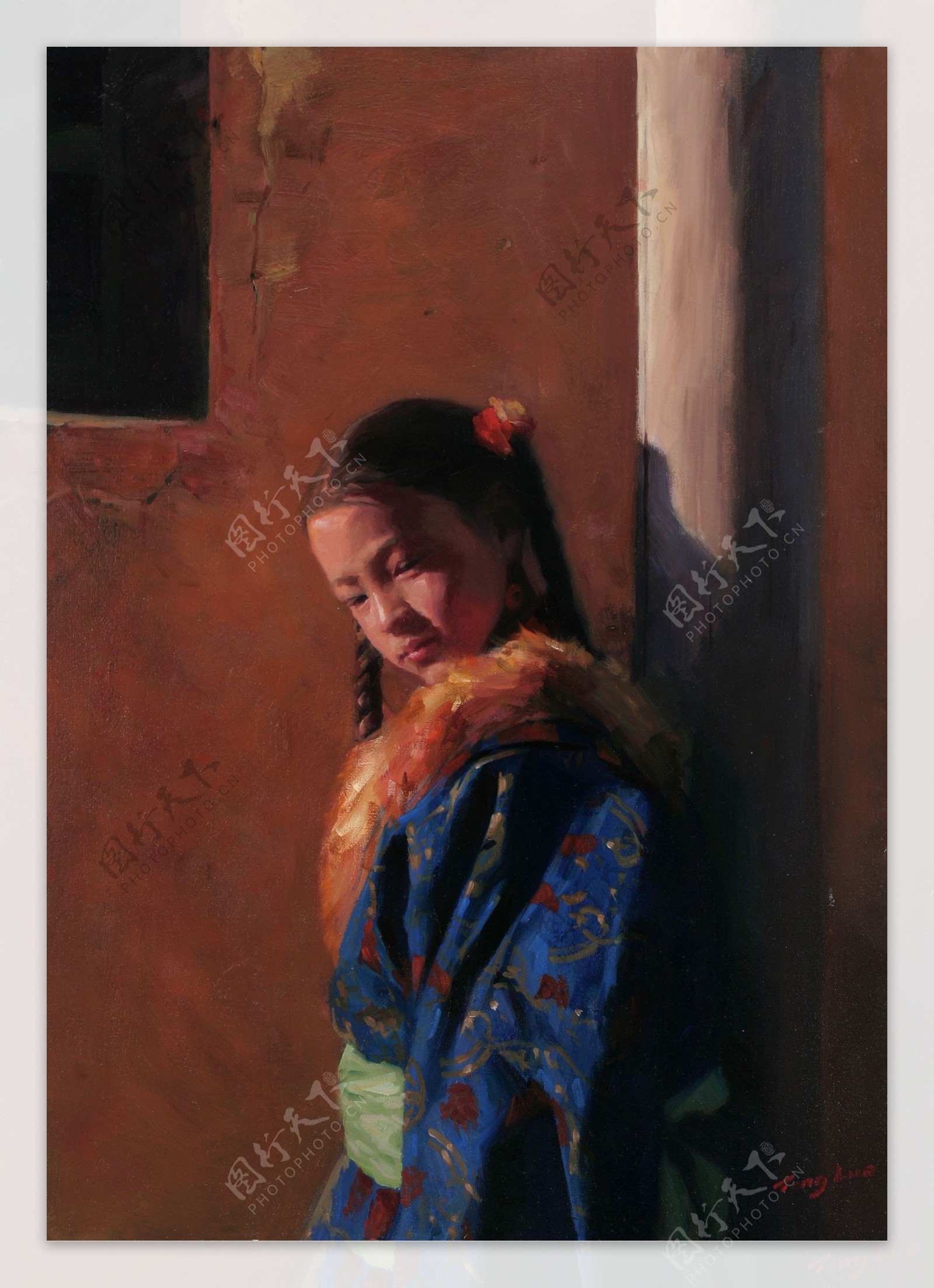 西藏女孩油画肖像图片