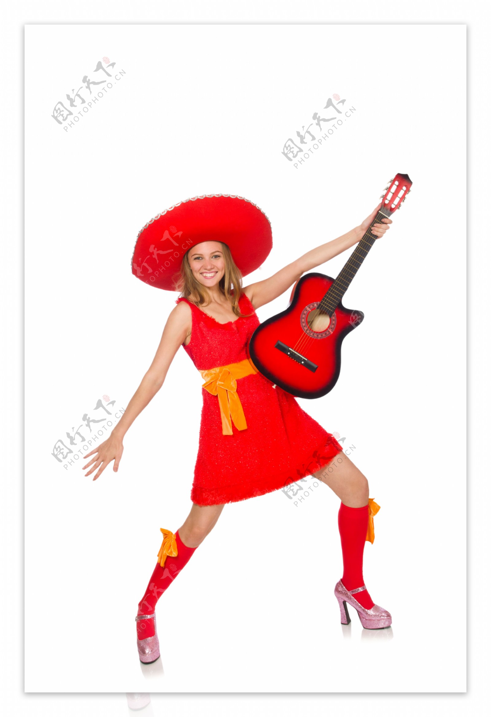 拿吉他的红色衣服美女图片