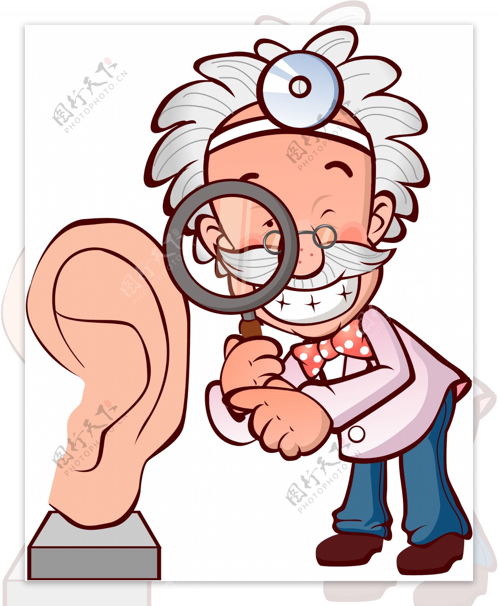 耳朵模型边拿着放大镜的老医生插画