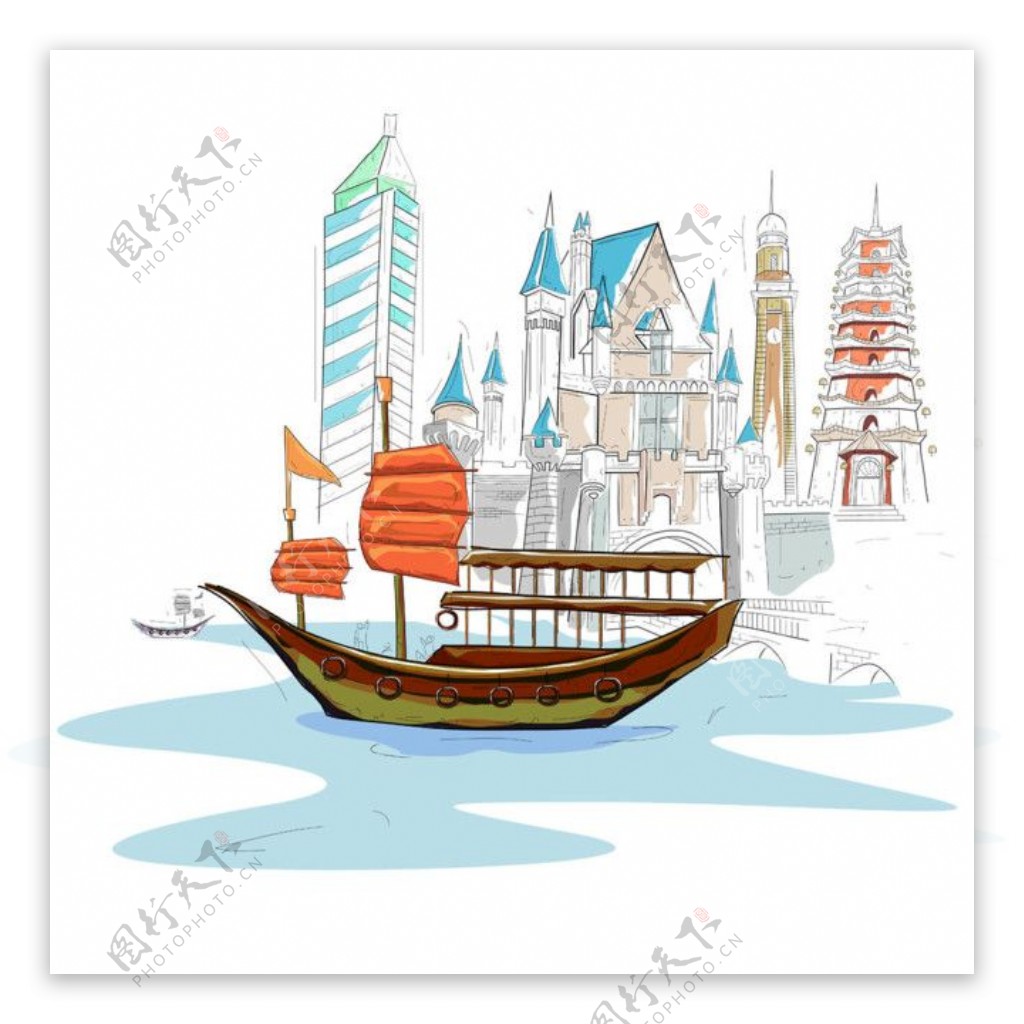 小船和欧式大楼图片