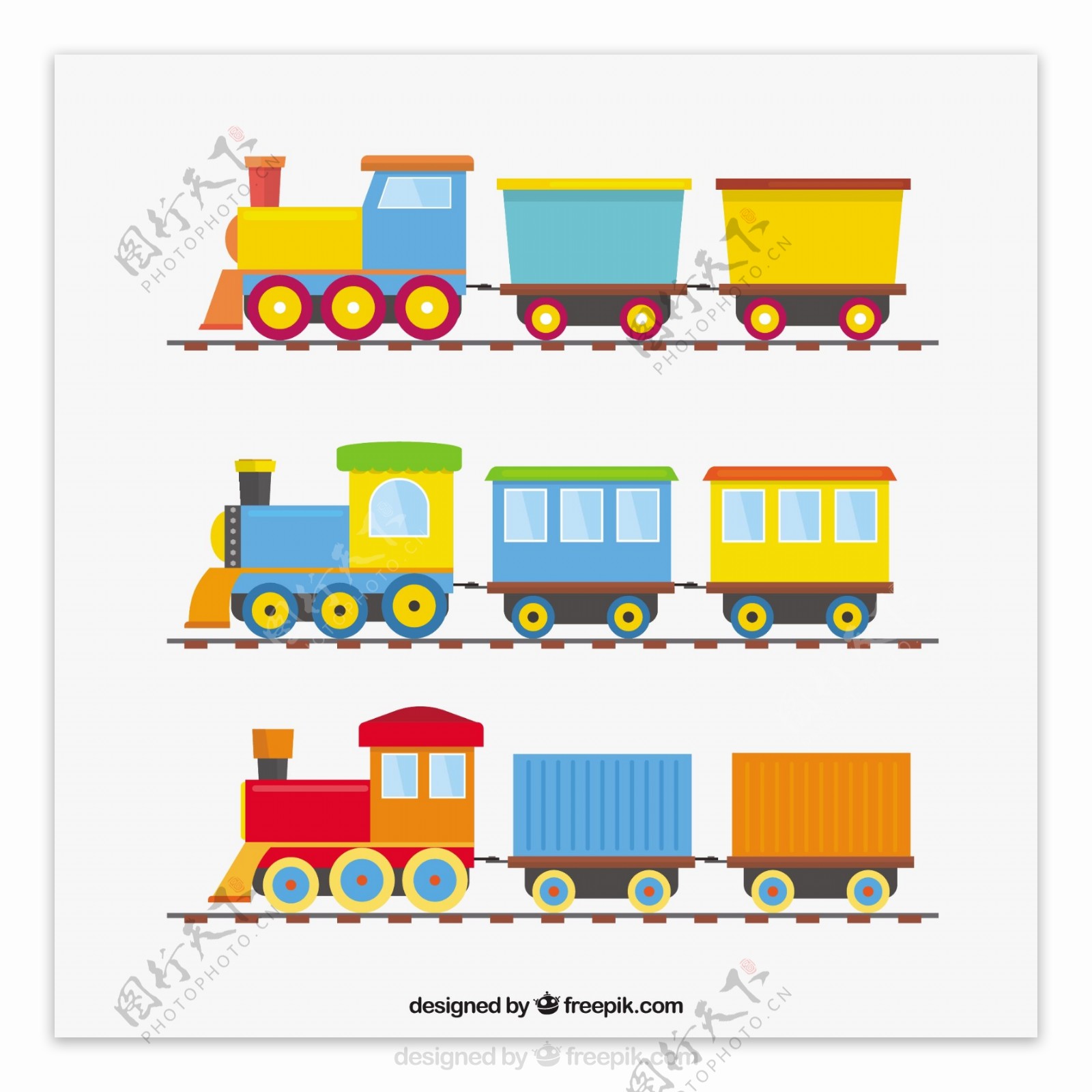 卡通三个彩色火车与机车矢量素材
