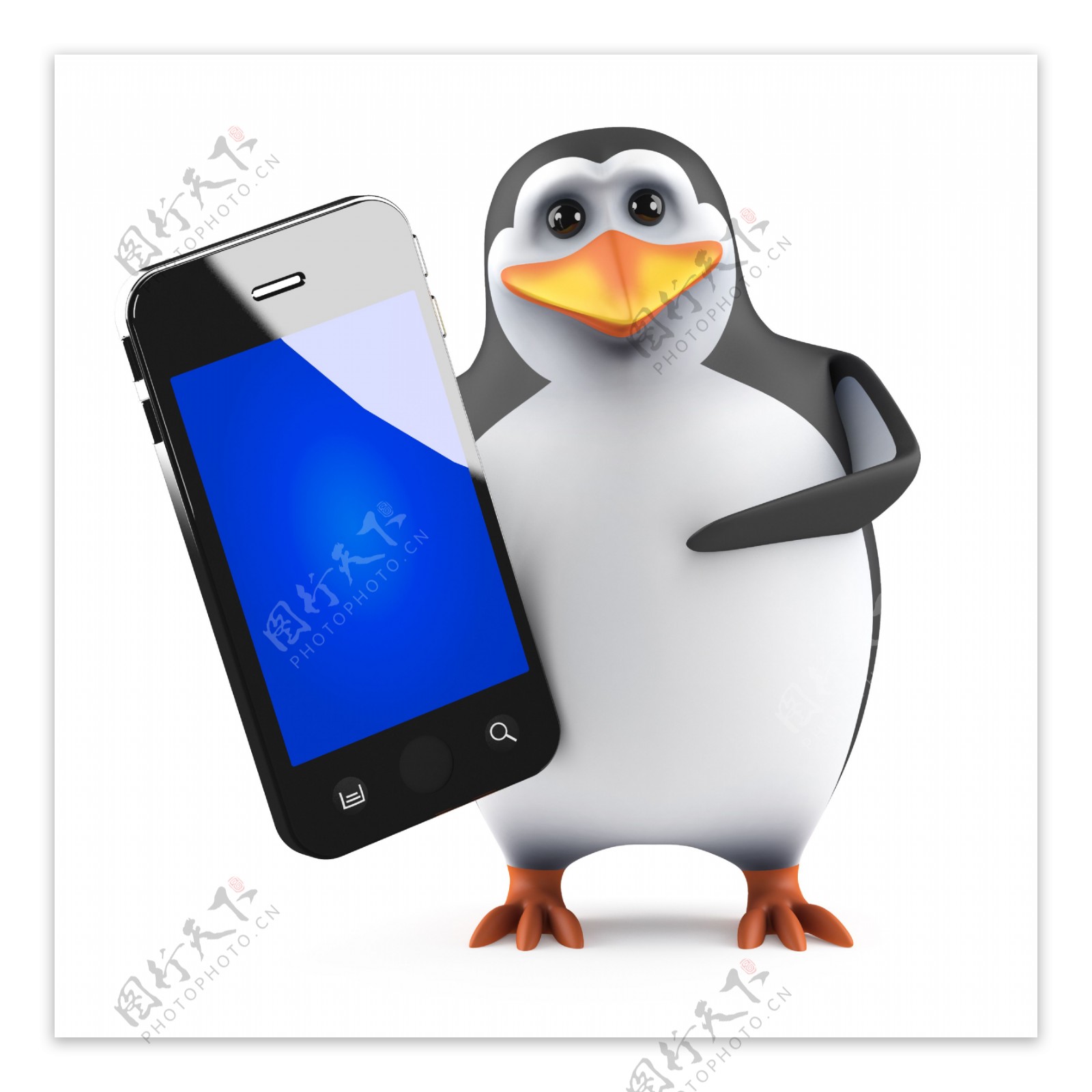 拿着智能手机的企鹅