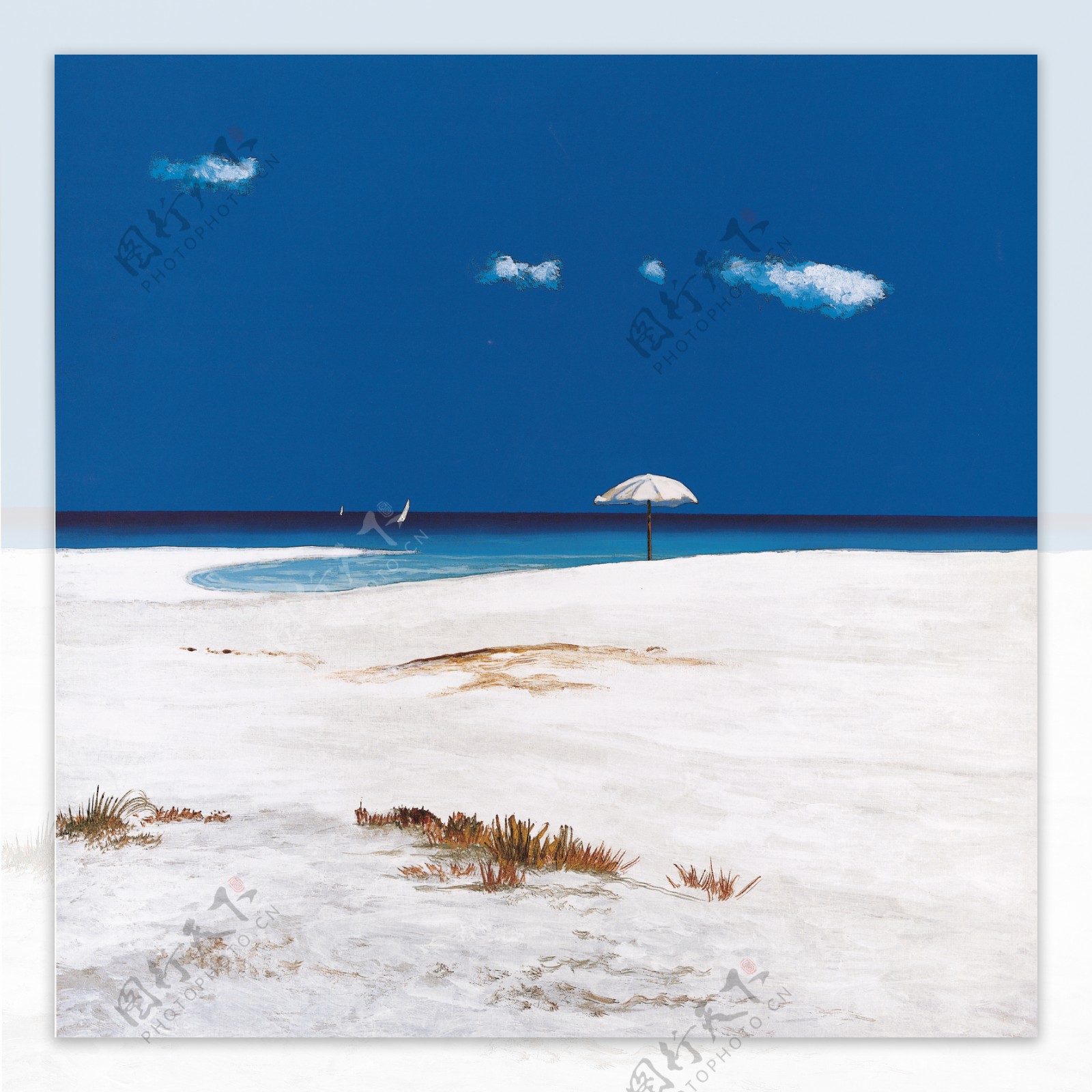 蓝天沙滩风景油画图片