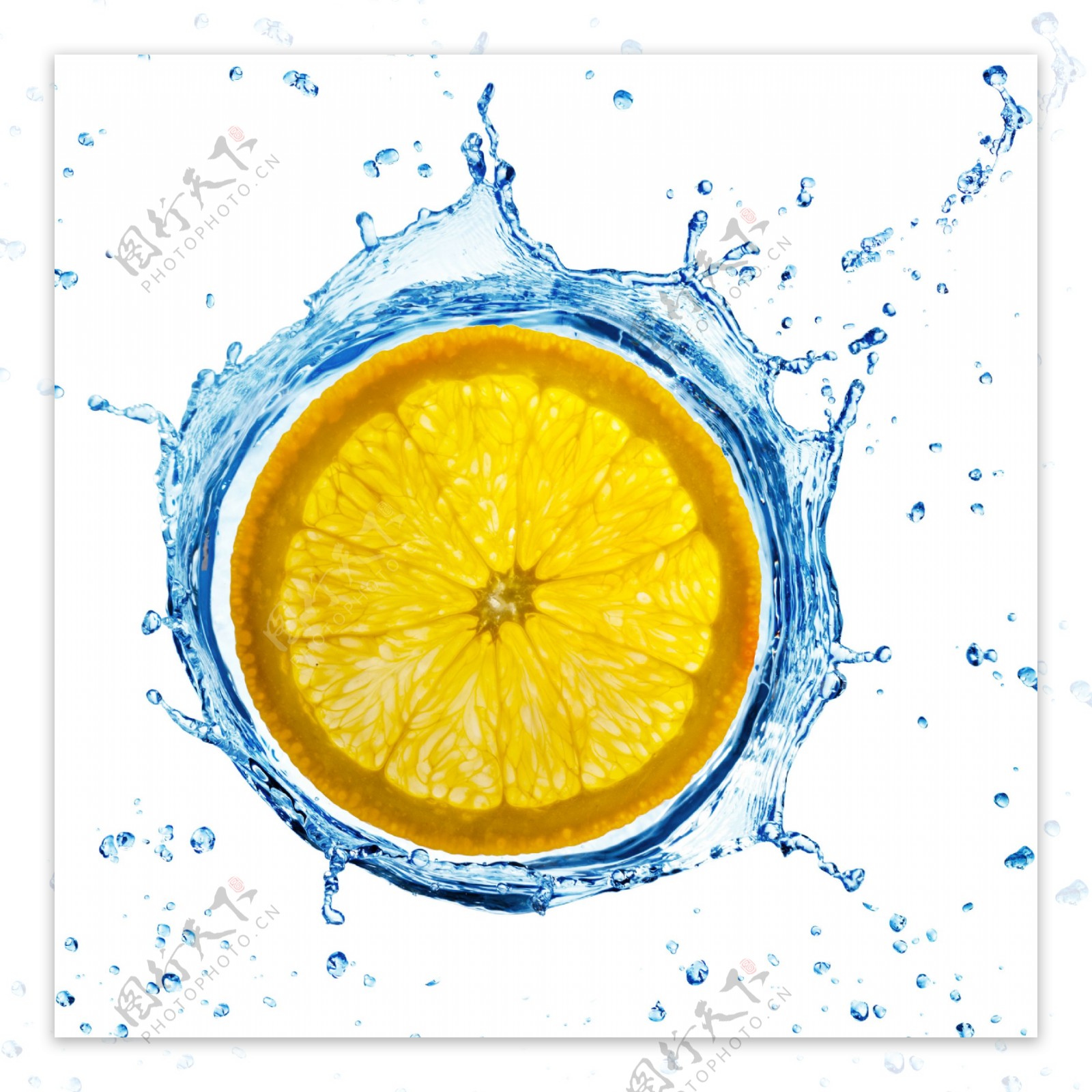 蓝色水中的柠檬片图片