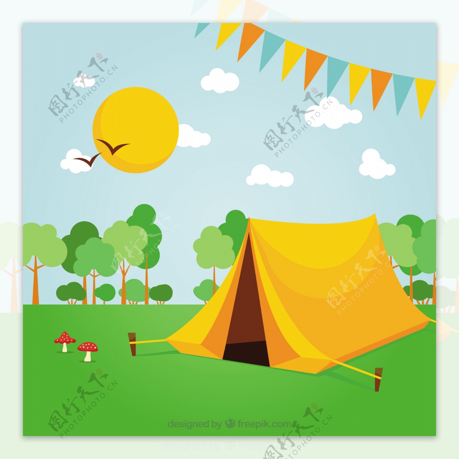 春天风景中的黄色野营帐篷
