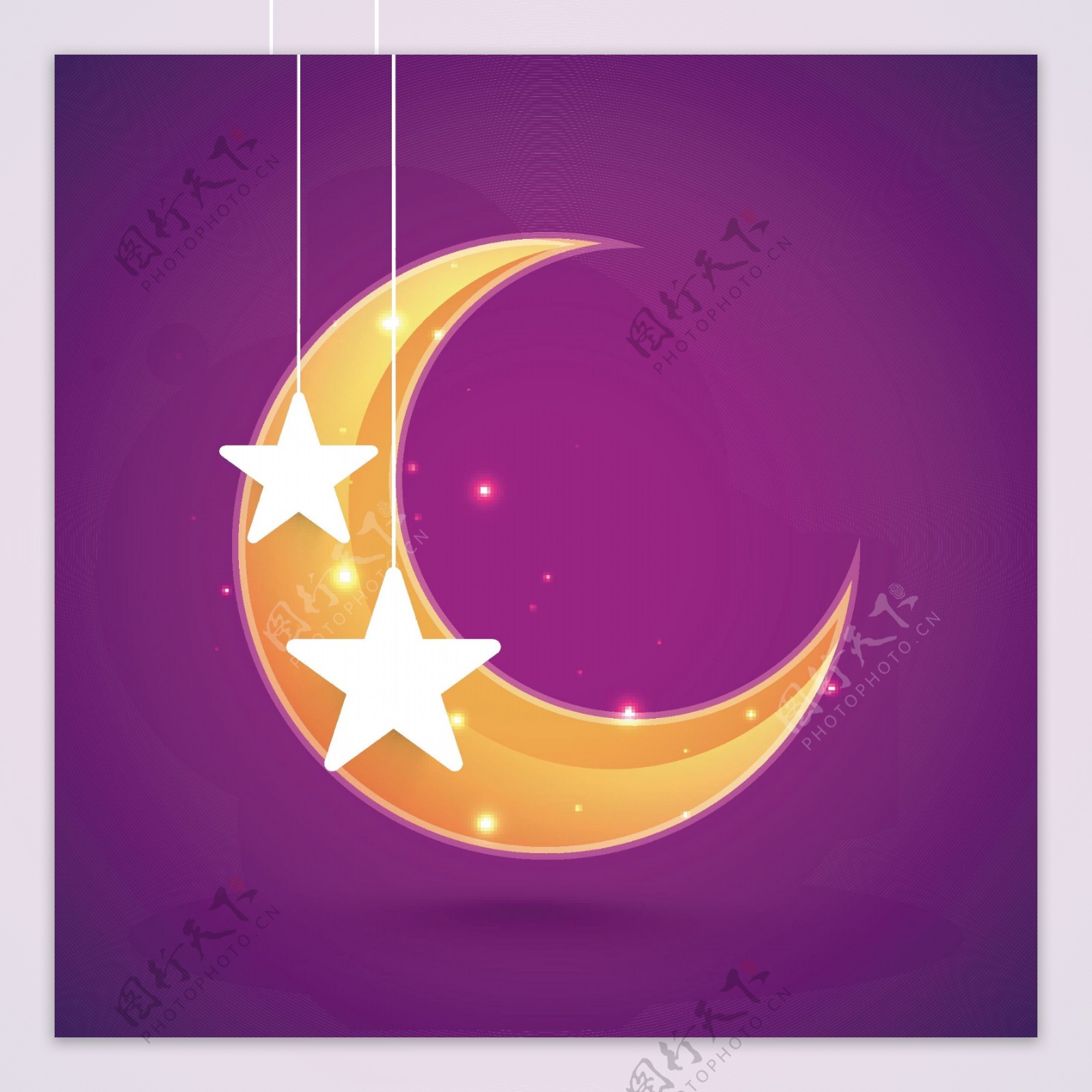 明亮的新月和紫色背景上的银星为伊斯兰节日EidMubarak庆典而设