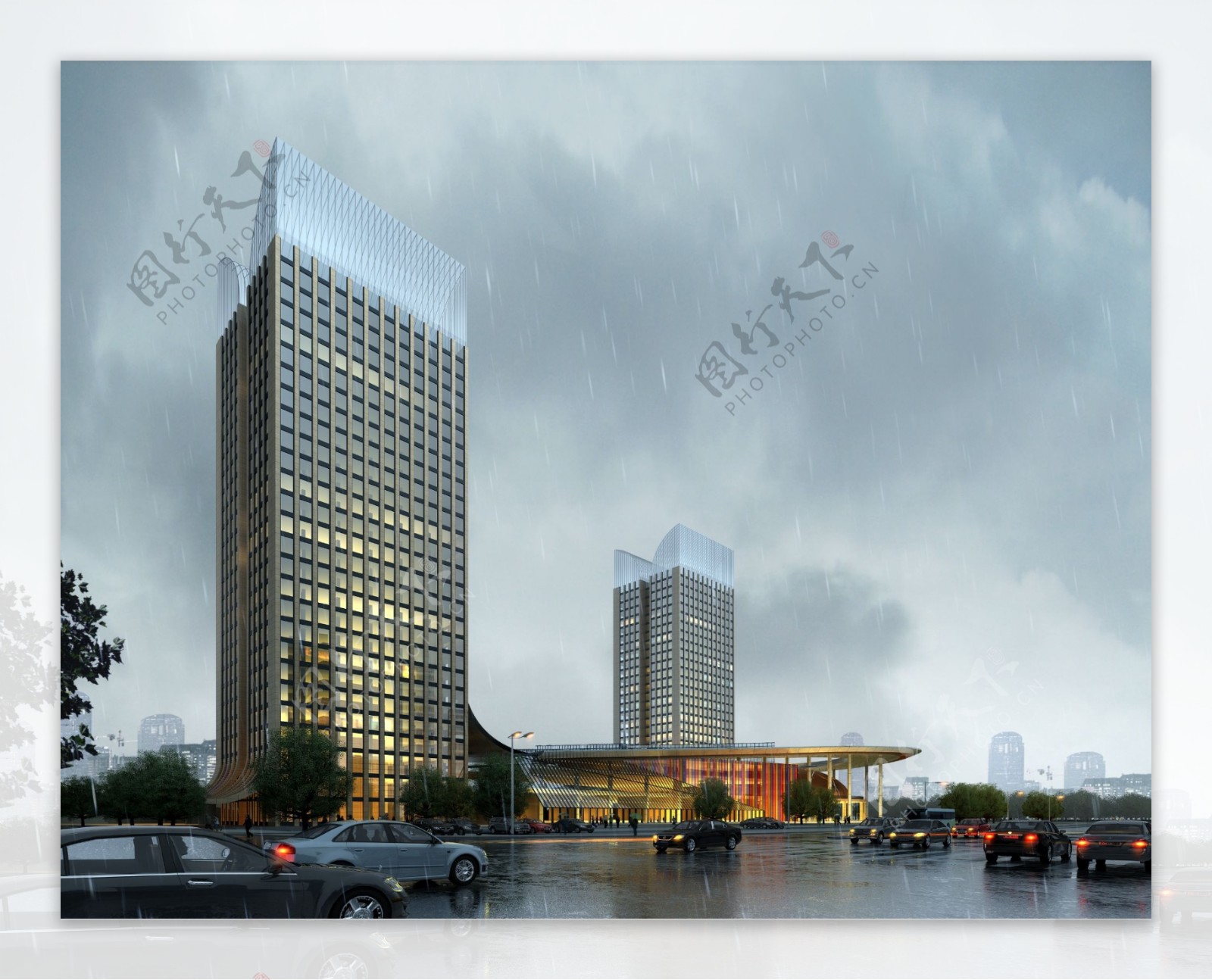 商业广场雨景设计图片
