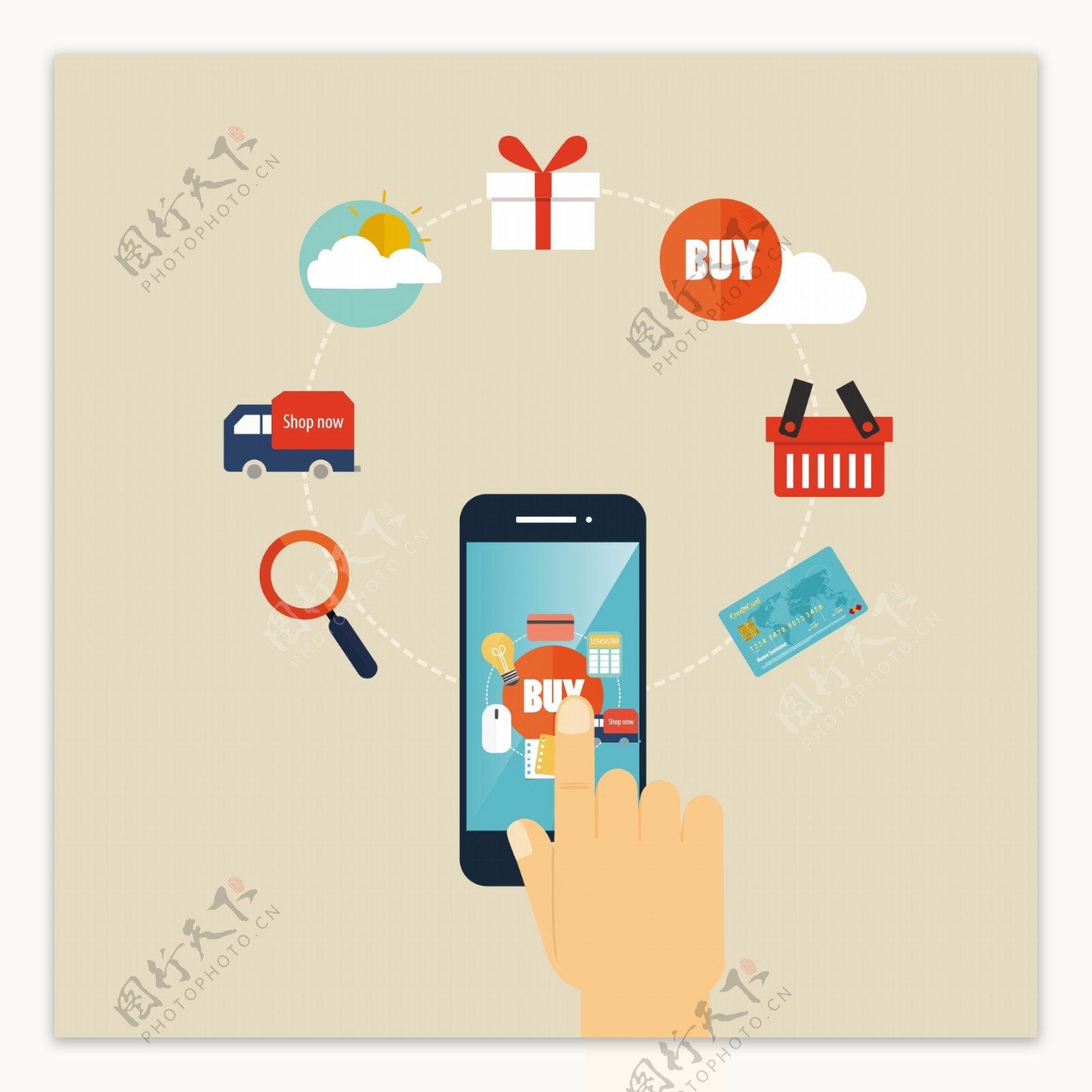 购物信息图表元素与智能手机