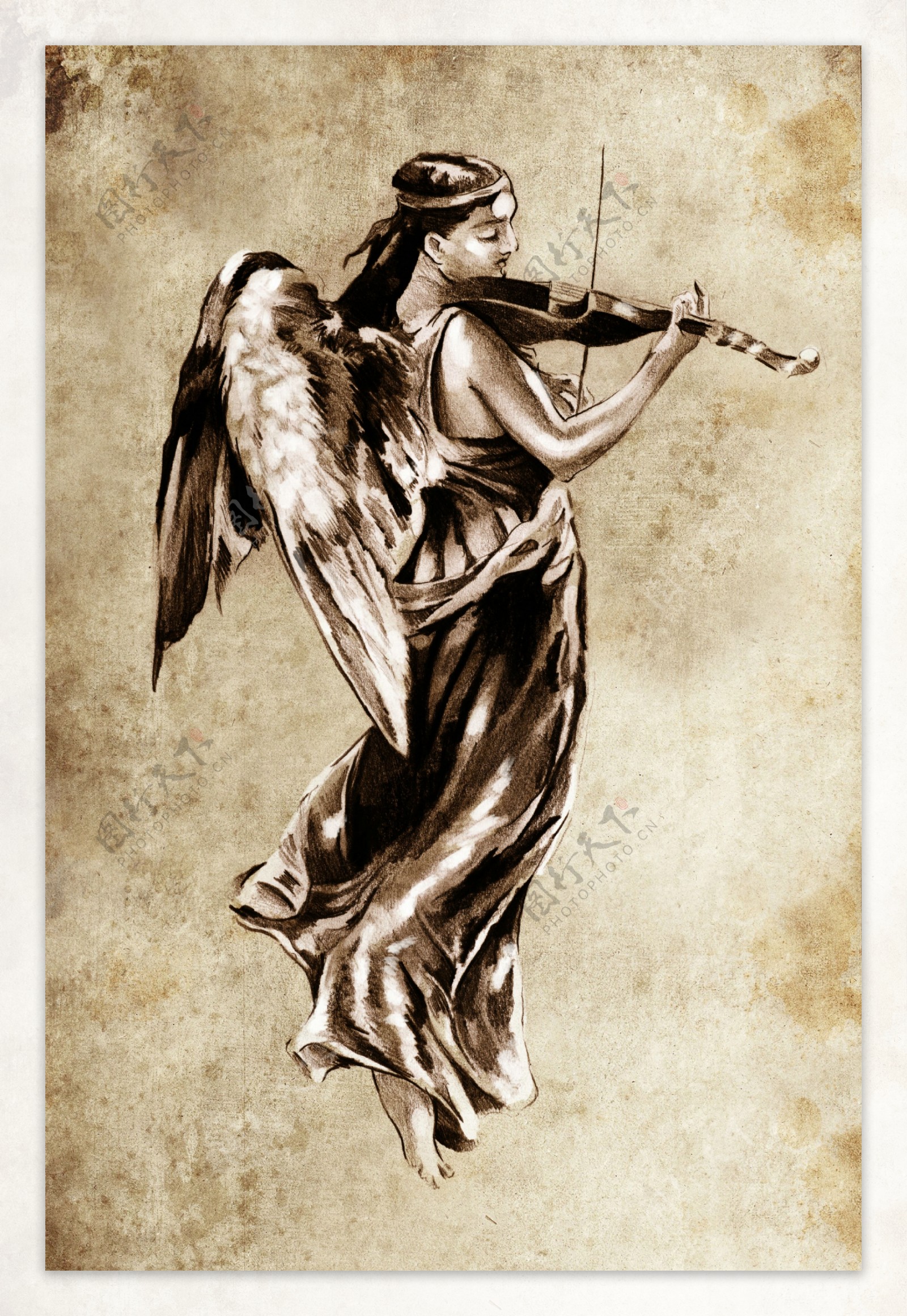 拉小提琴的美女天使素描图片