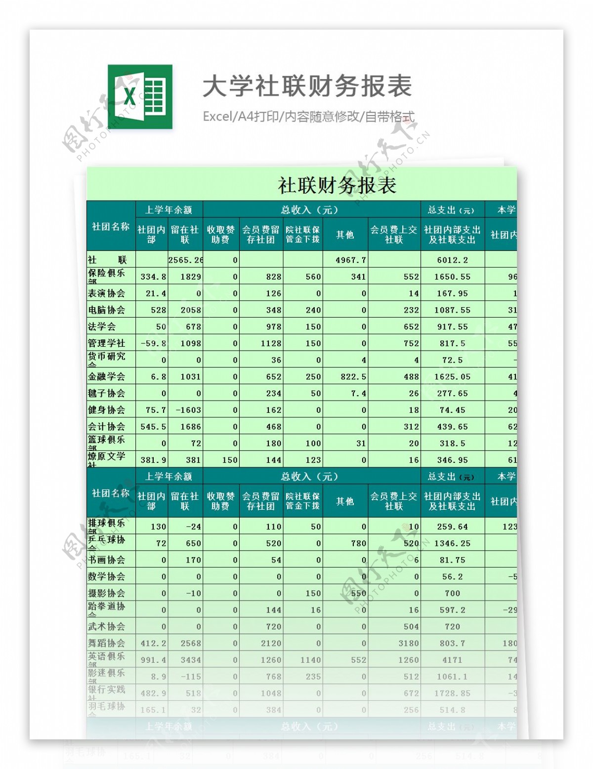 大学社联财务报表excel模板