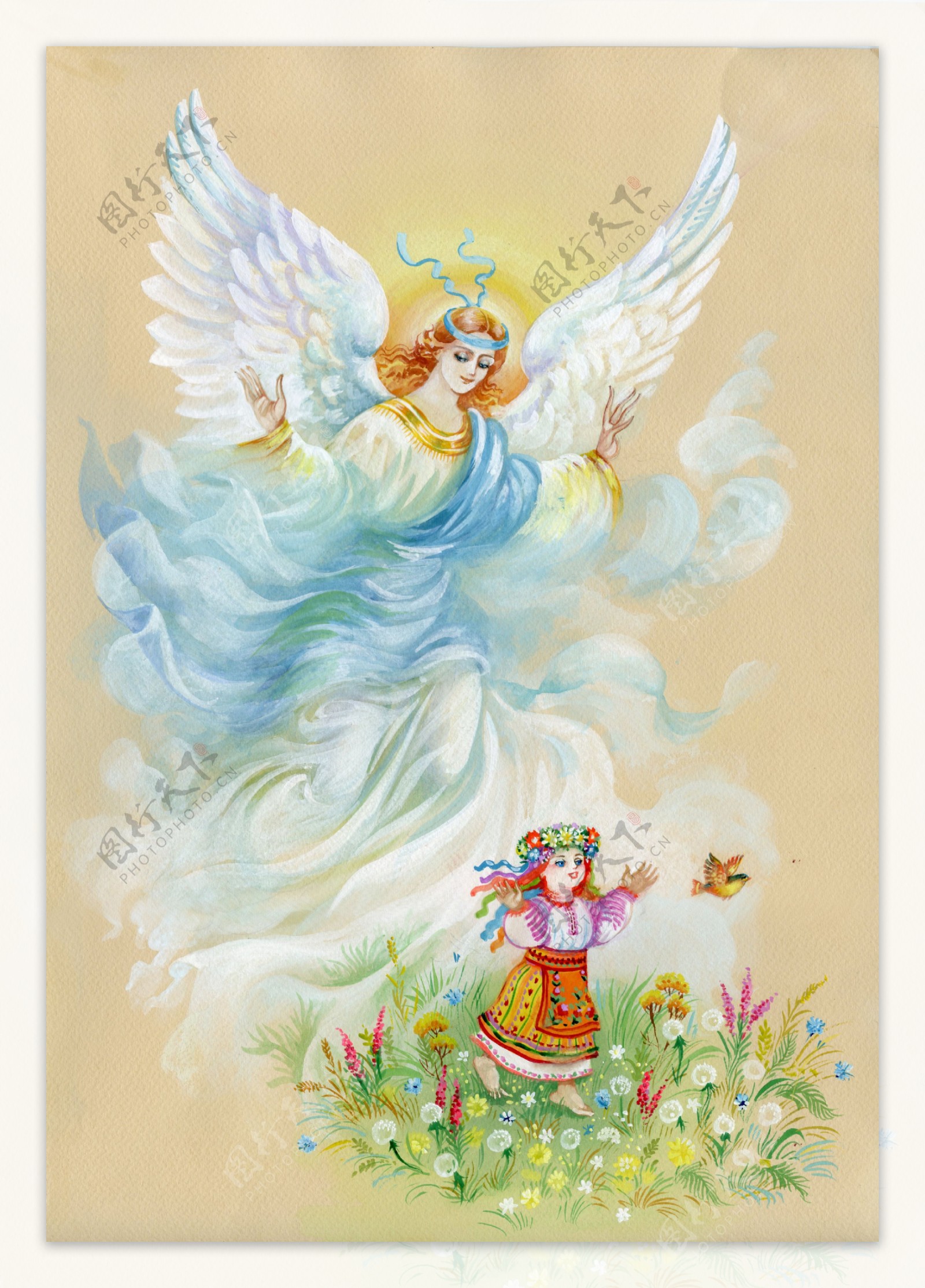 小女孩与天使插画图片
