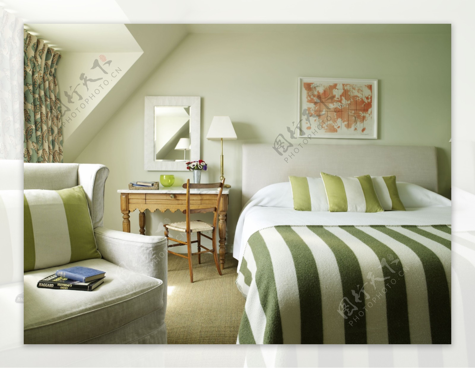 绿色条纹卧室效果图