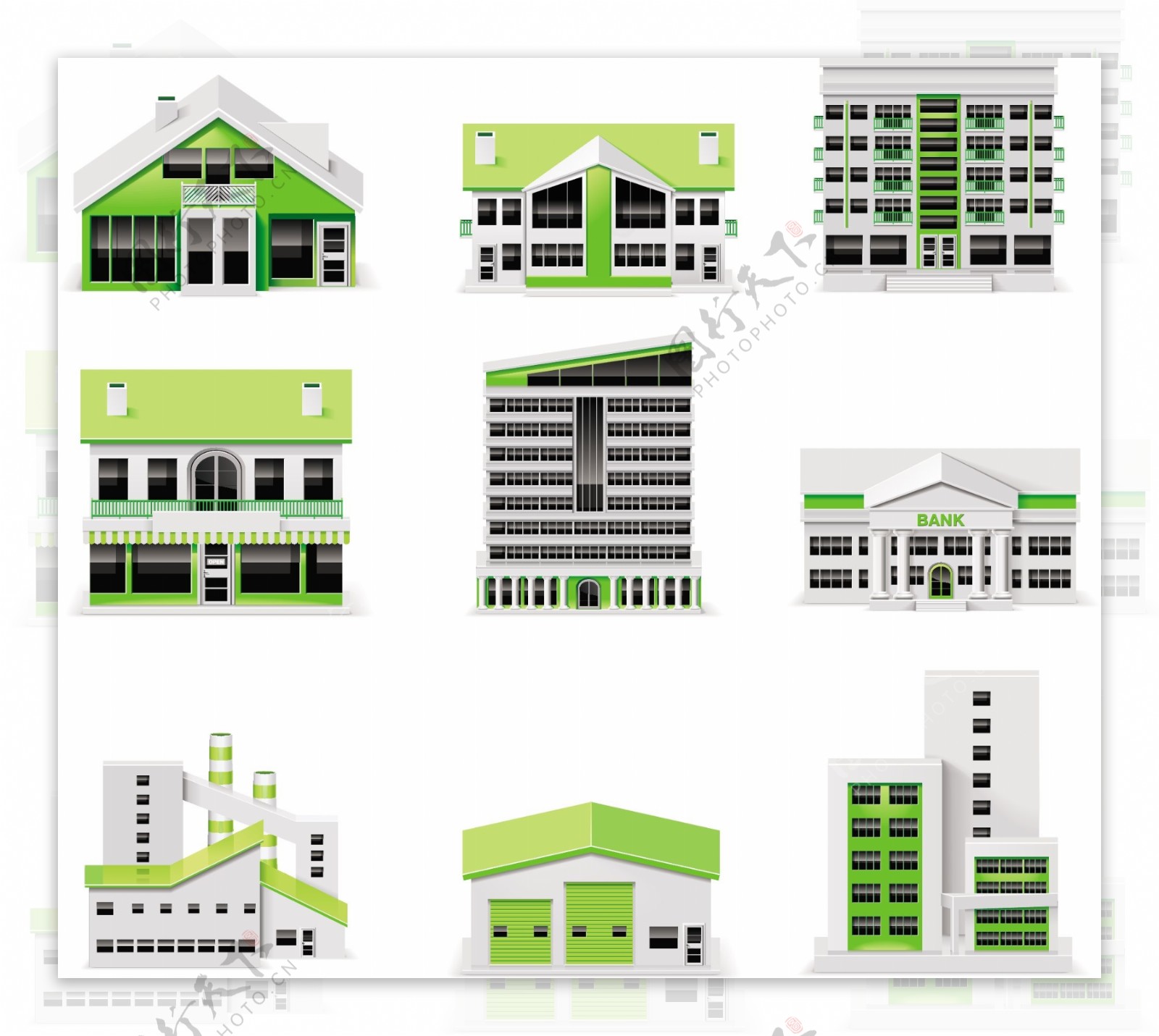 不同的绿色城市建筑设计矢量