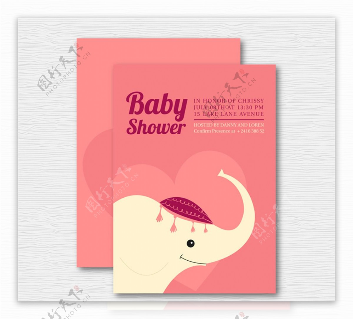 粉色大象迎婴派对邀请卡矢量图