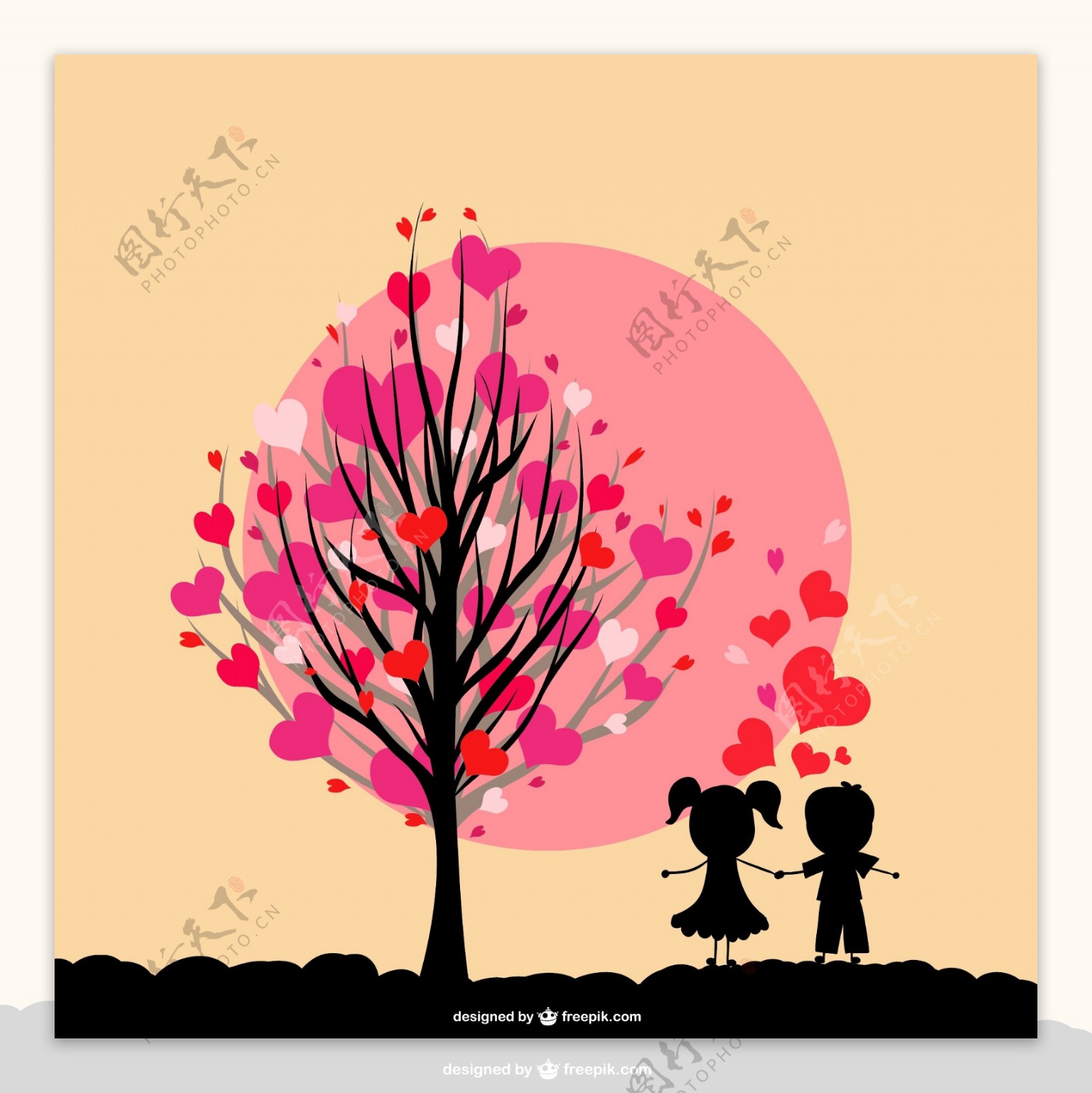 树的心在它的树枝和孩子们在爱