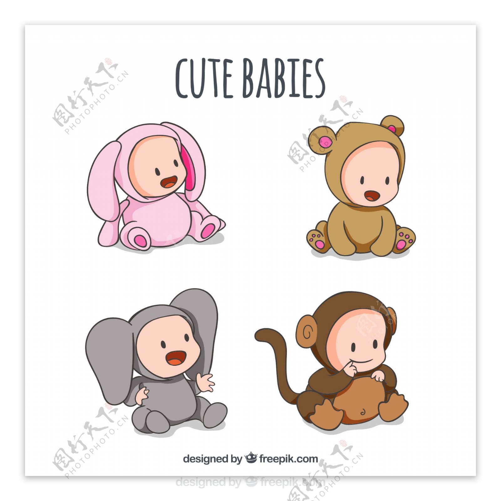 4款可爱动物装婴儿矢量