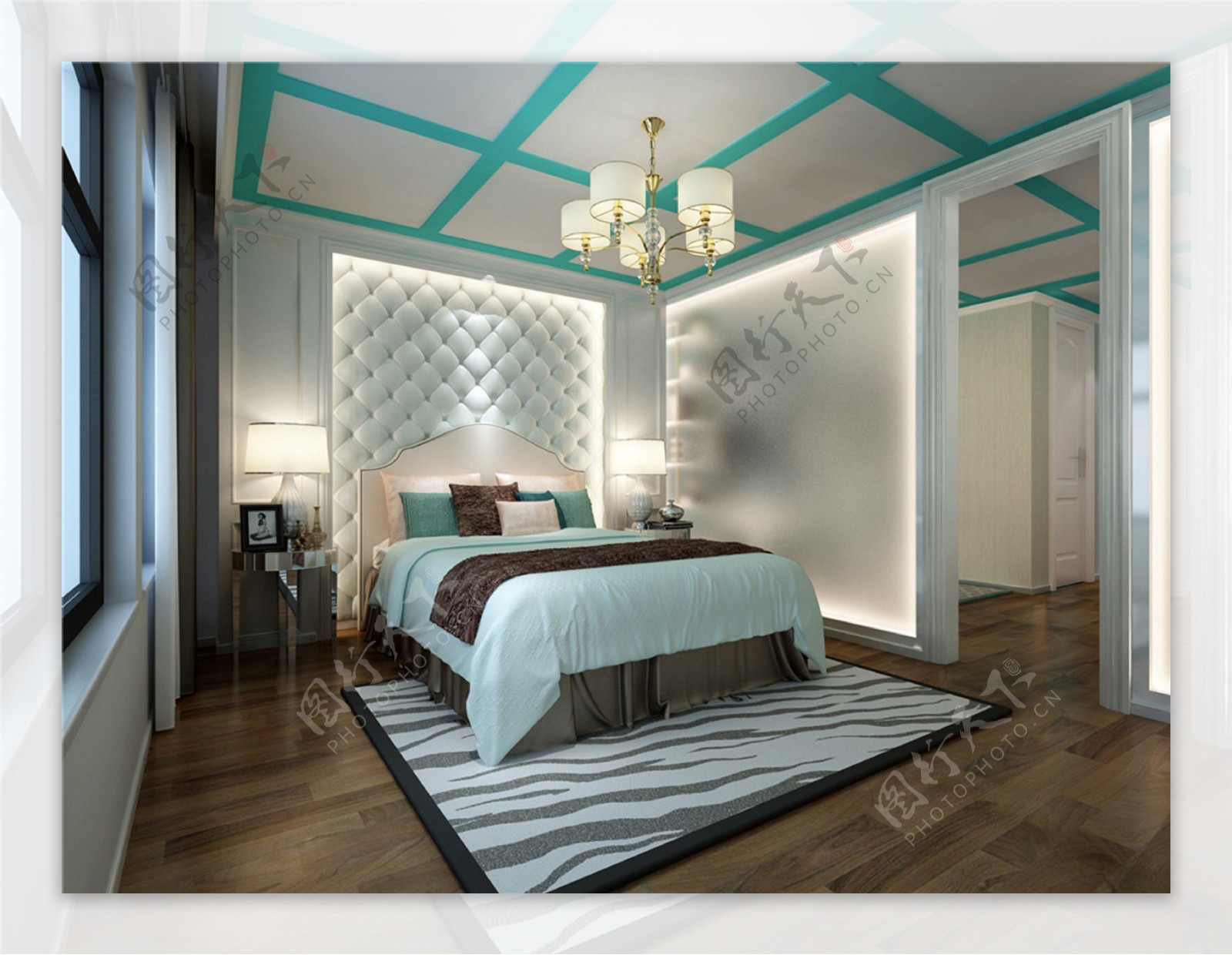 欧式绿色卧室吊顶大床设计图