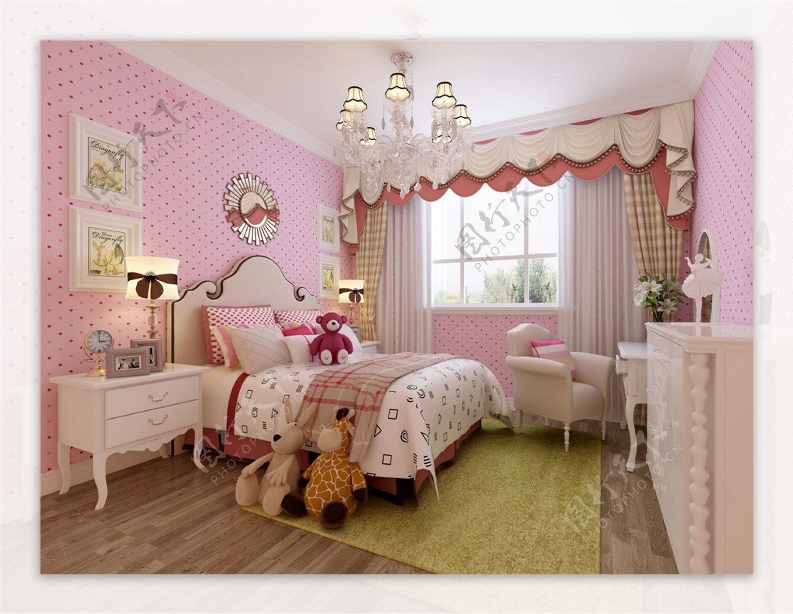 欧式粉色卧室大床窗户设计图