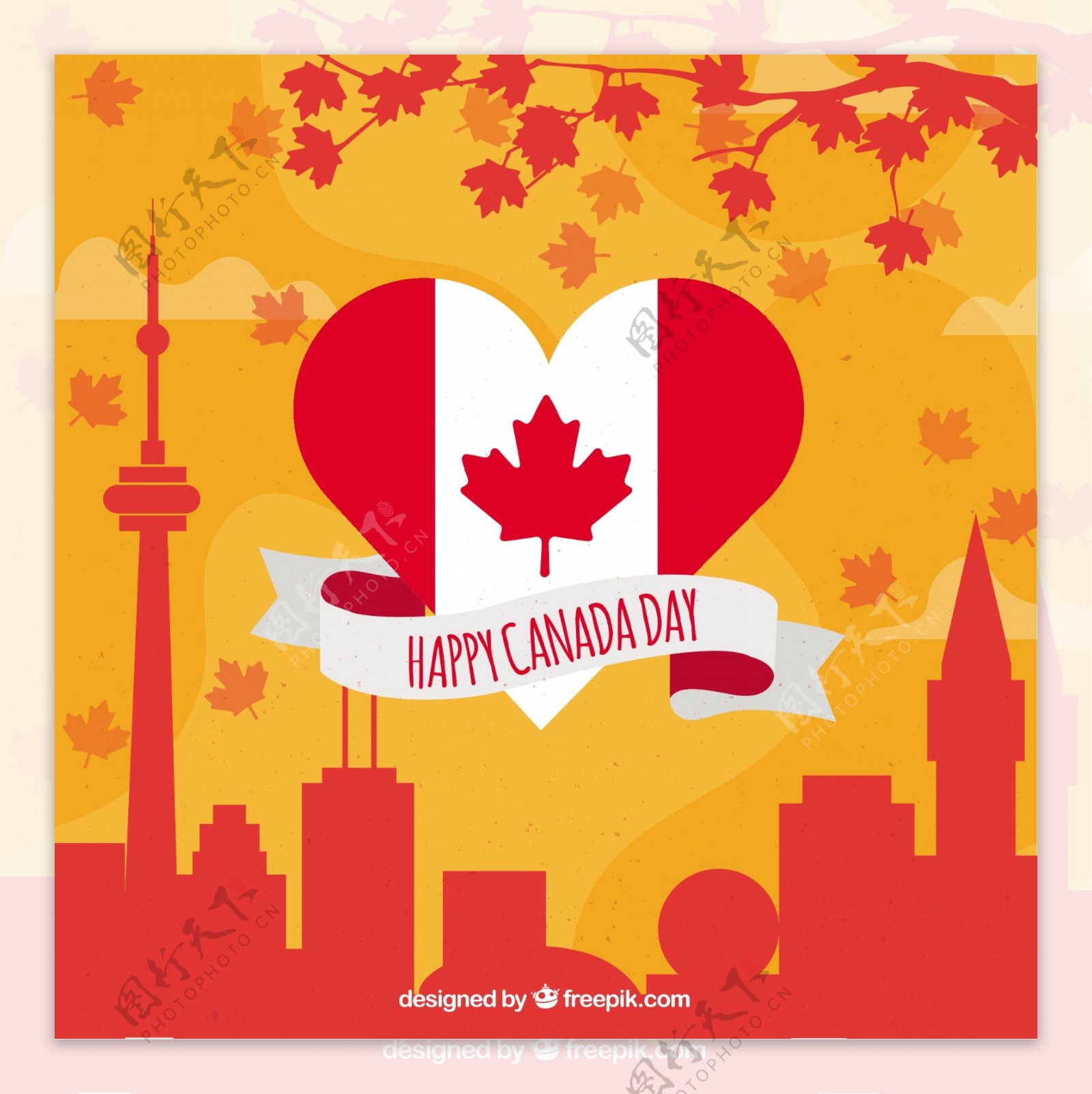 美丽的建筑剪影加拿大国旗背景