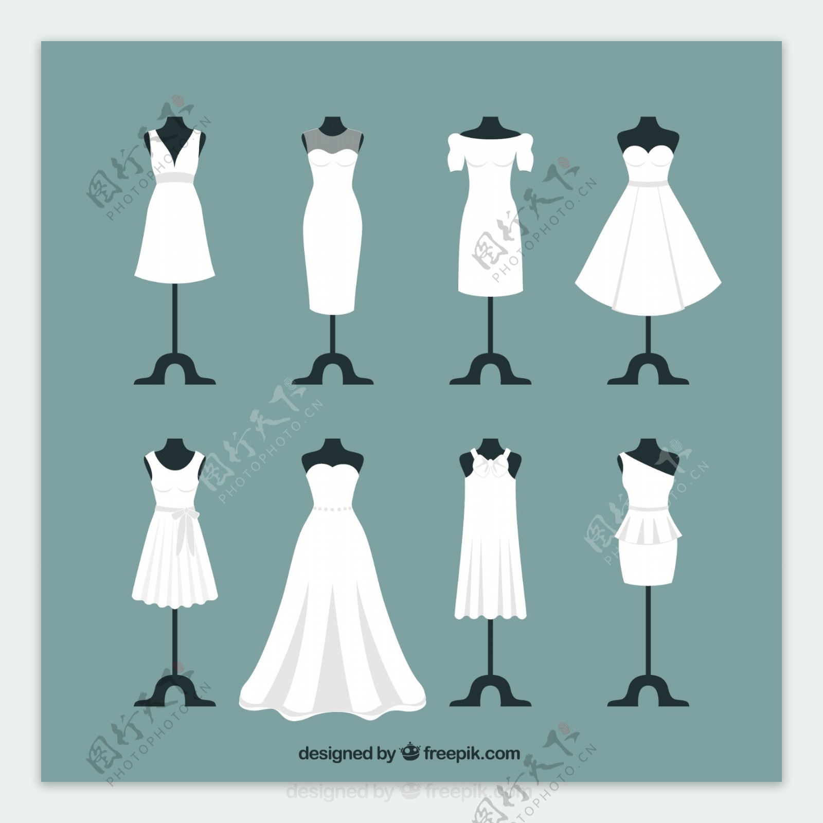 8款白色婚纱设计矢量图