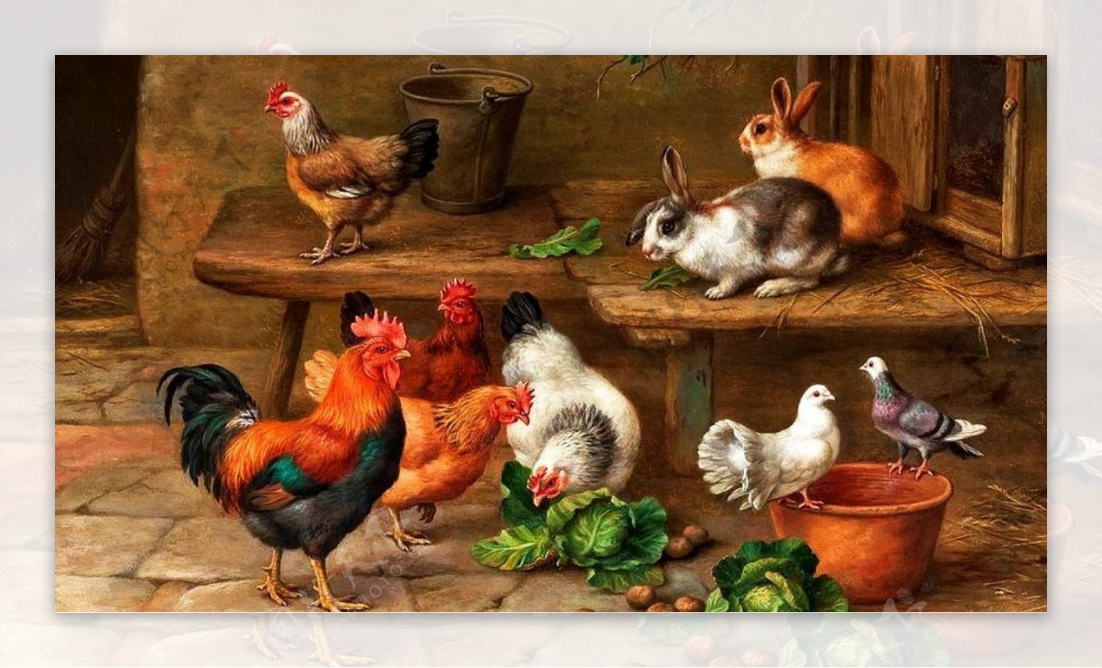 油画风格农舍鸡兔子