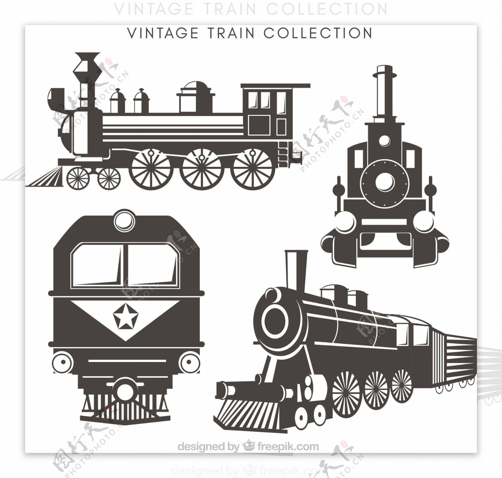 手绘各种老式火车插图