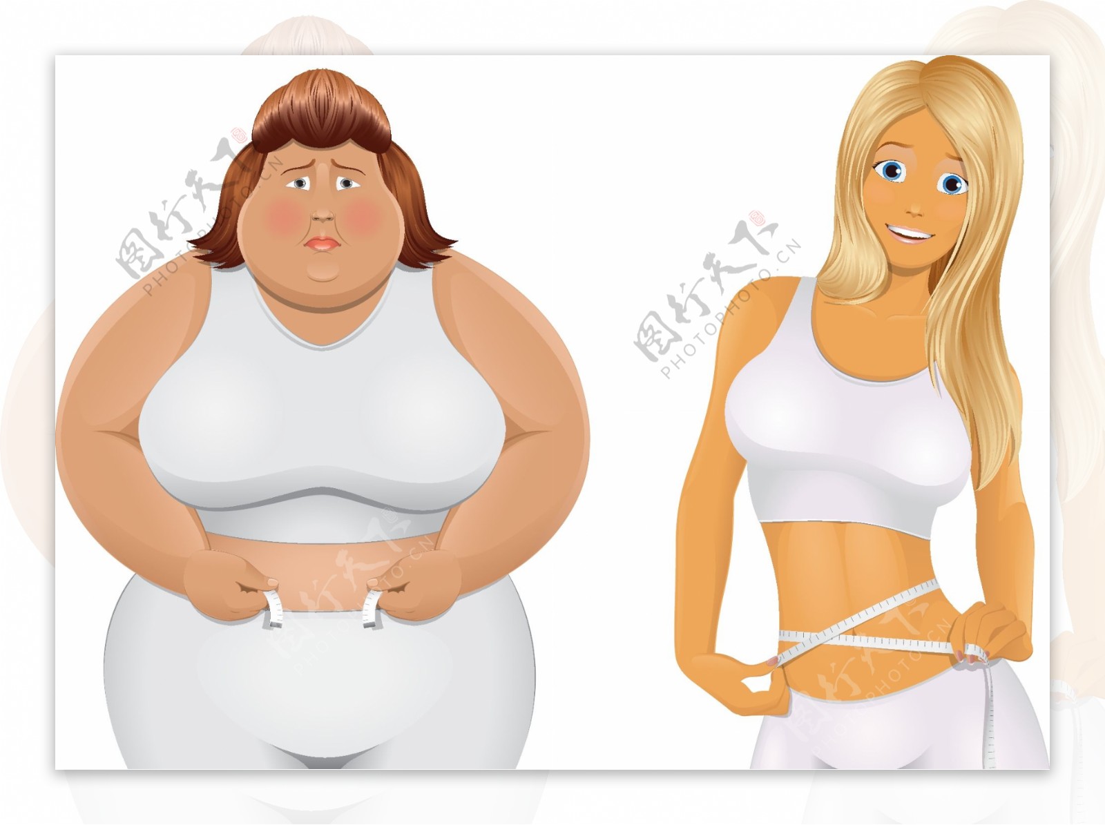 胖瘦女子对比插画