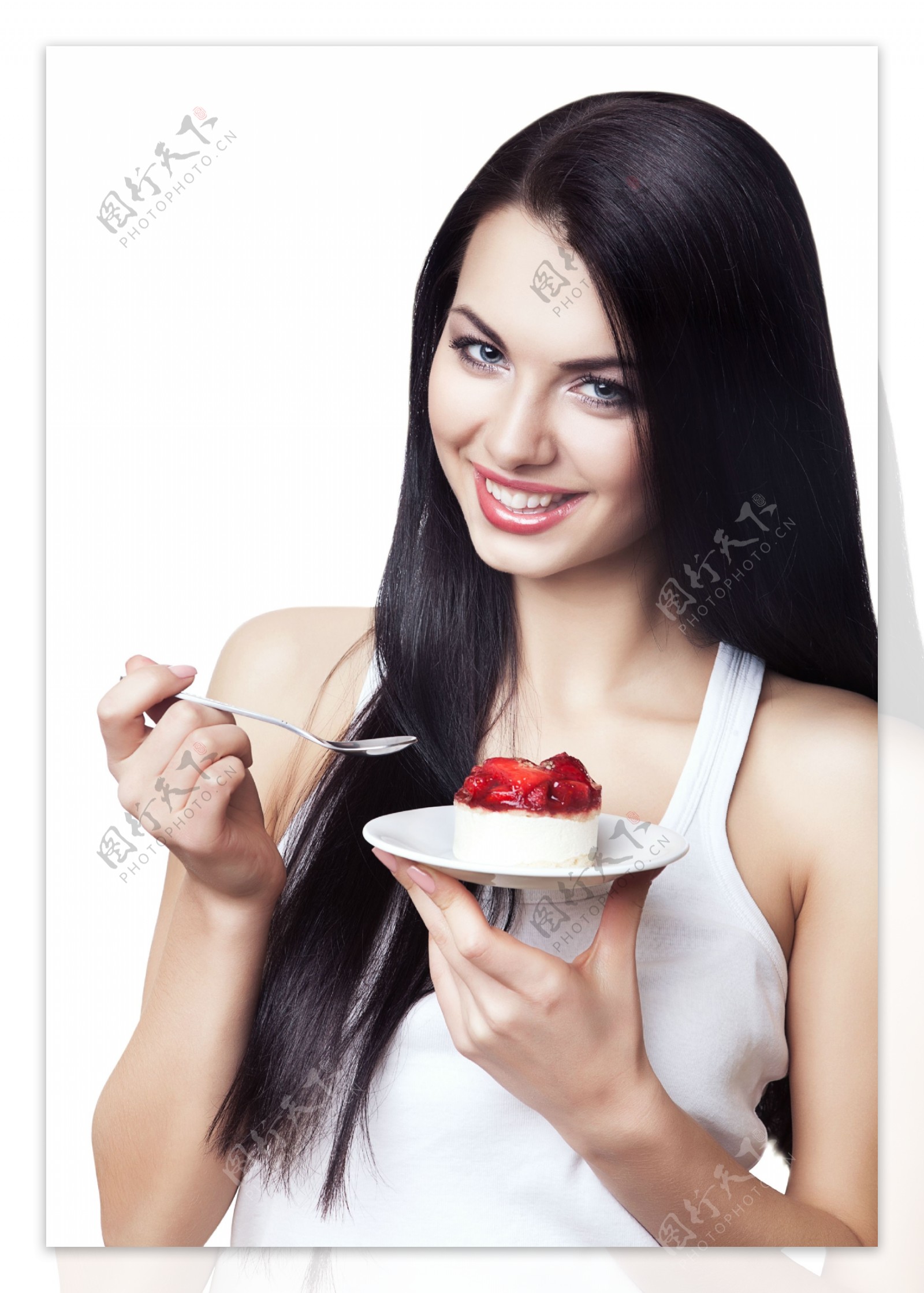 吃蛋糕的时尚女人图片