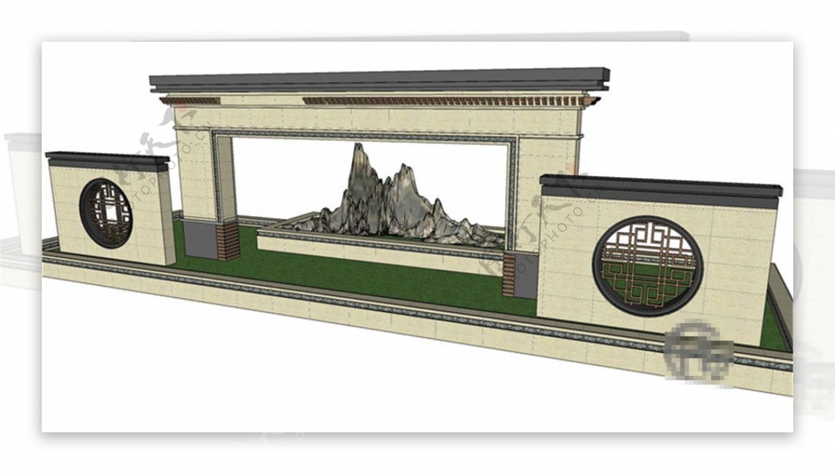 简约中式景观墙SU草图大师skp模型