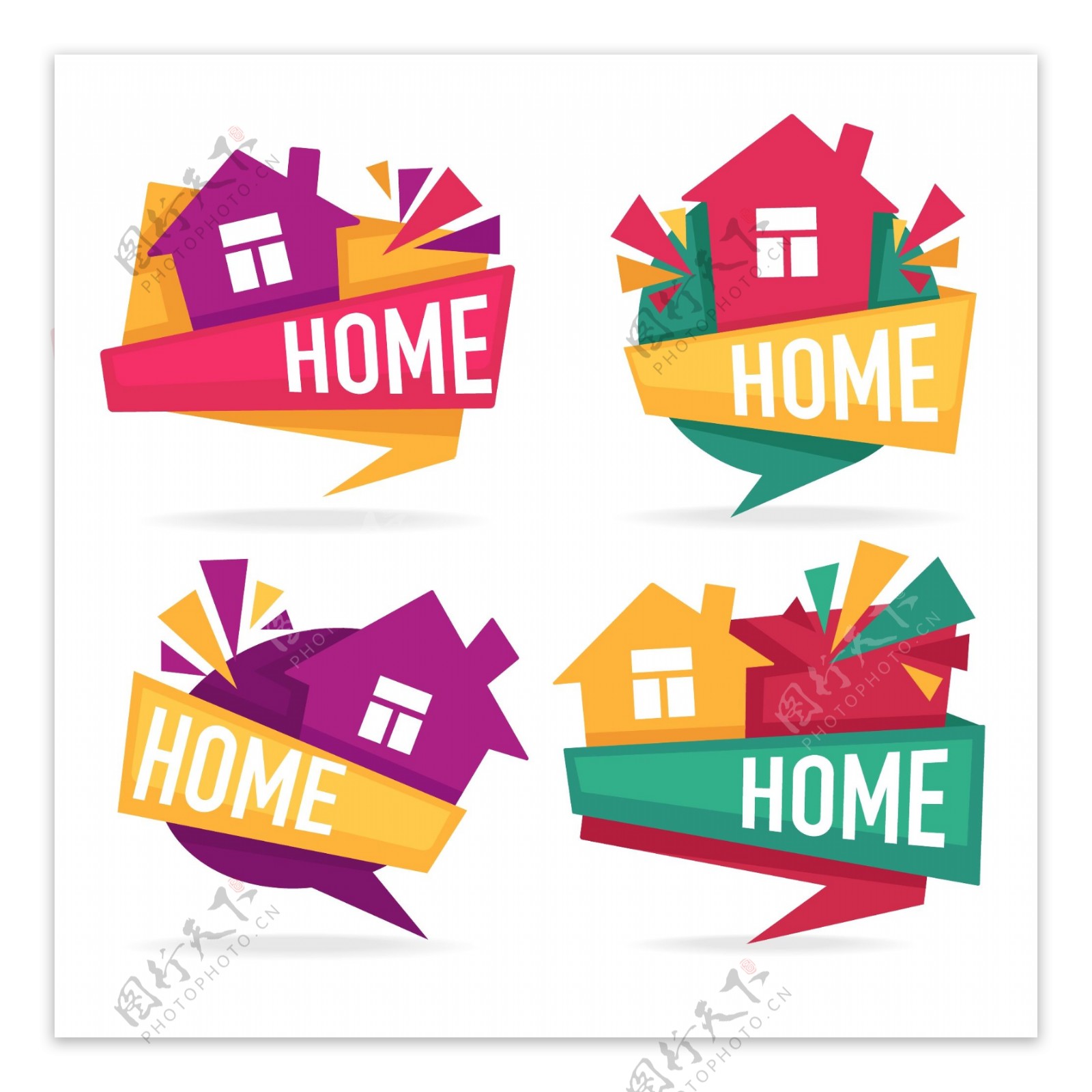 4款彩色房屋不动产HOME标签矢量素材