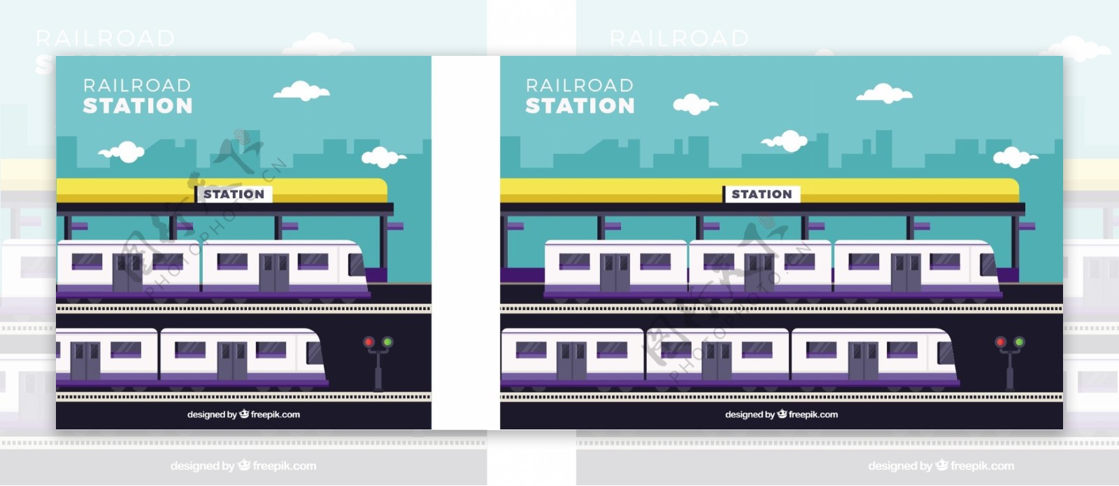 手绘扁平风格蓝色背景火车站紫色火车