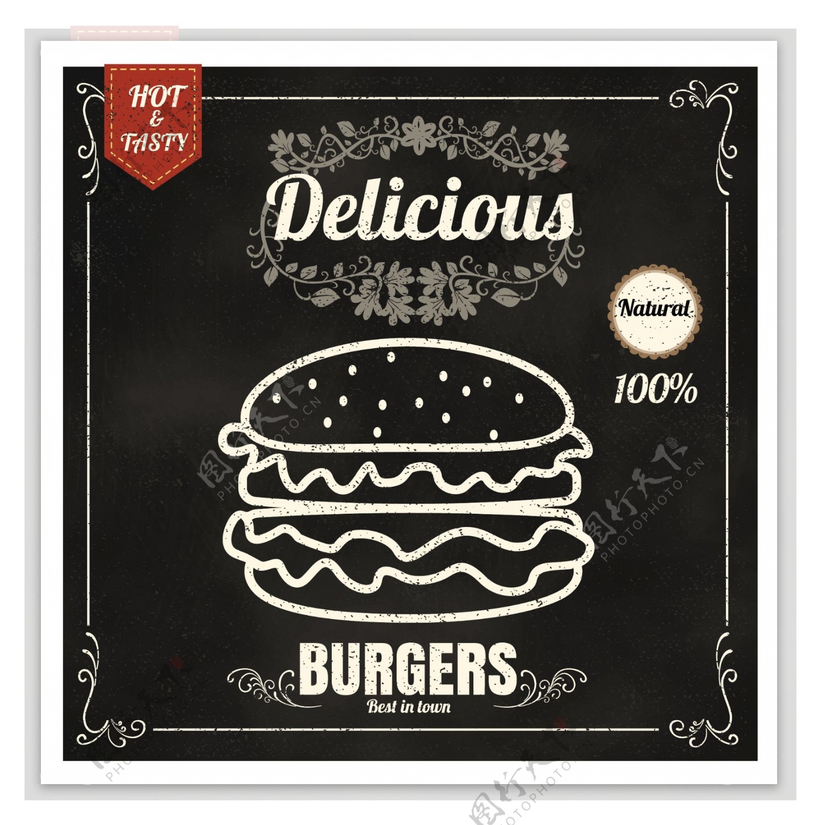 黑白矢量手绘西餐汉堡展示海报EPS素材