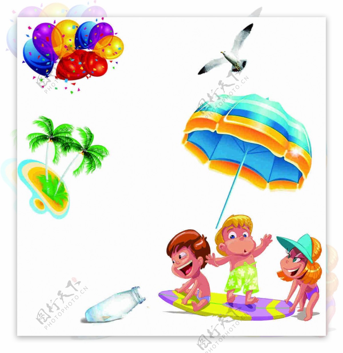卡通孩童太阳伞漂流瓶海鸥气球素材