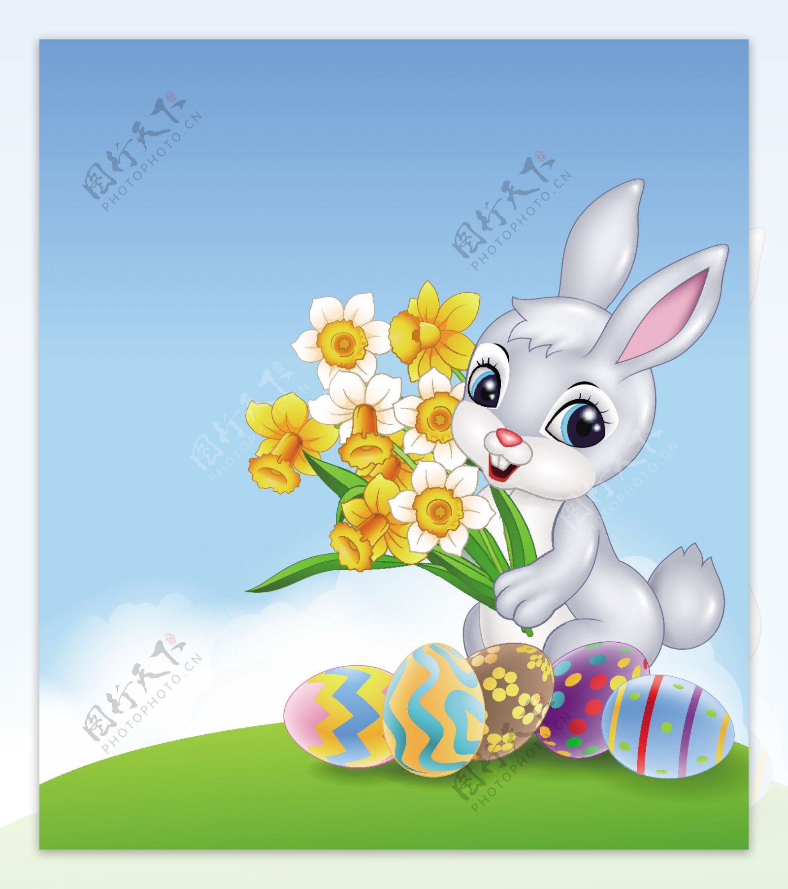 捧着鲜花站在彩蛋边的兔子