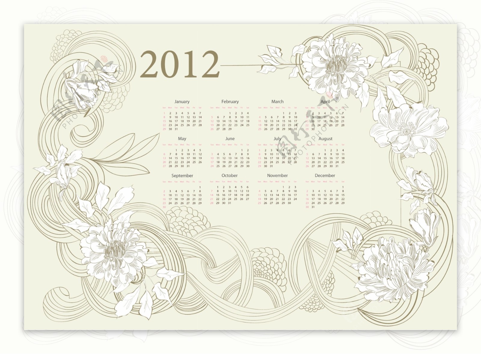 2012花纹边框日历