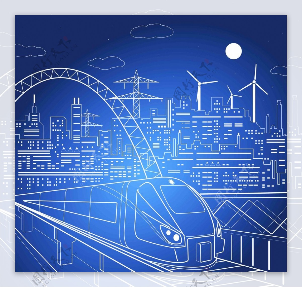 城市线描夜景天桥地铁
