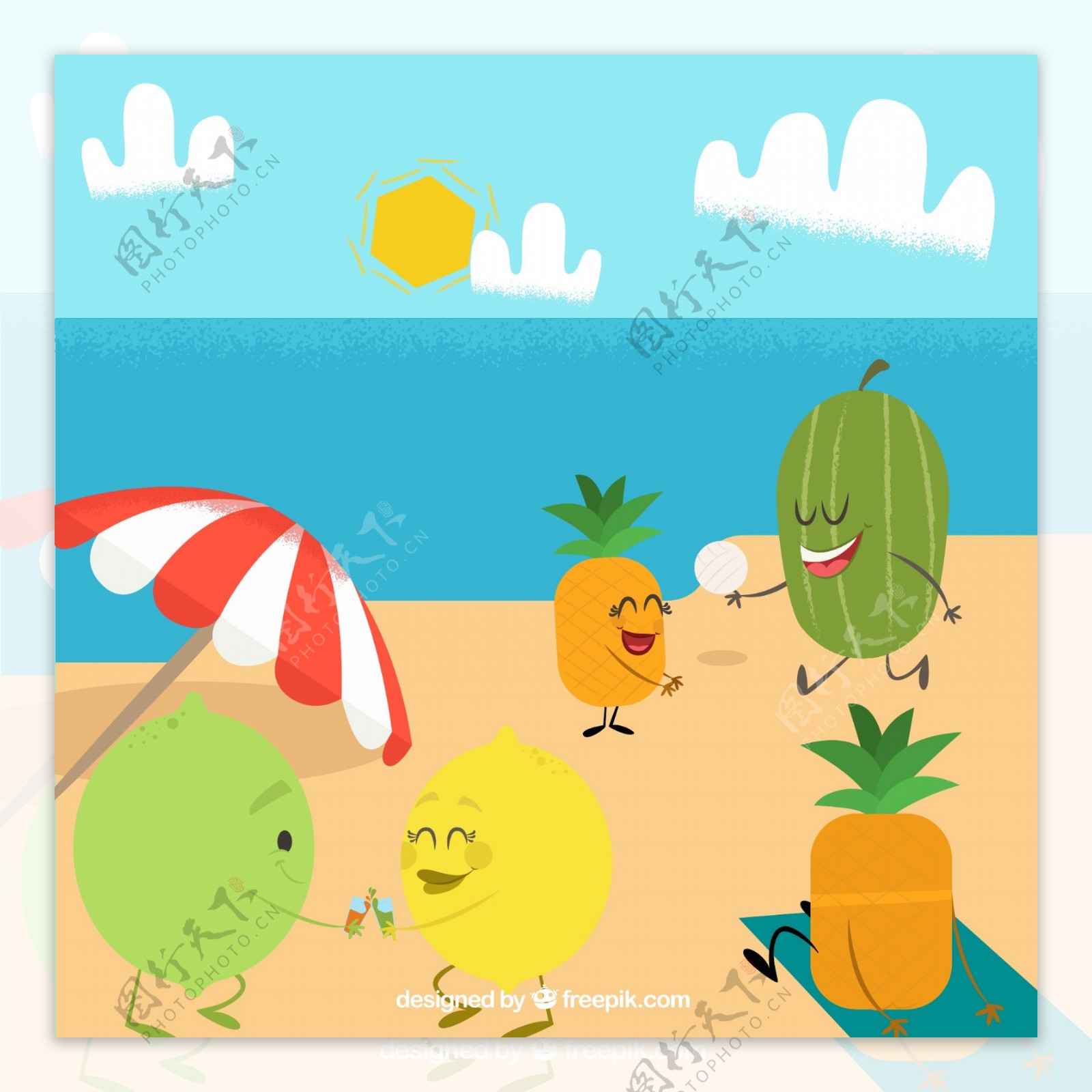 创意海边度假的水果们矢量