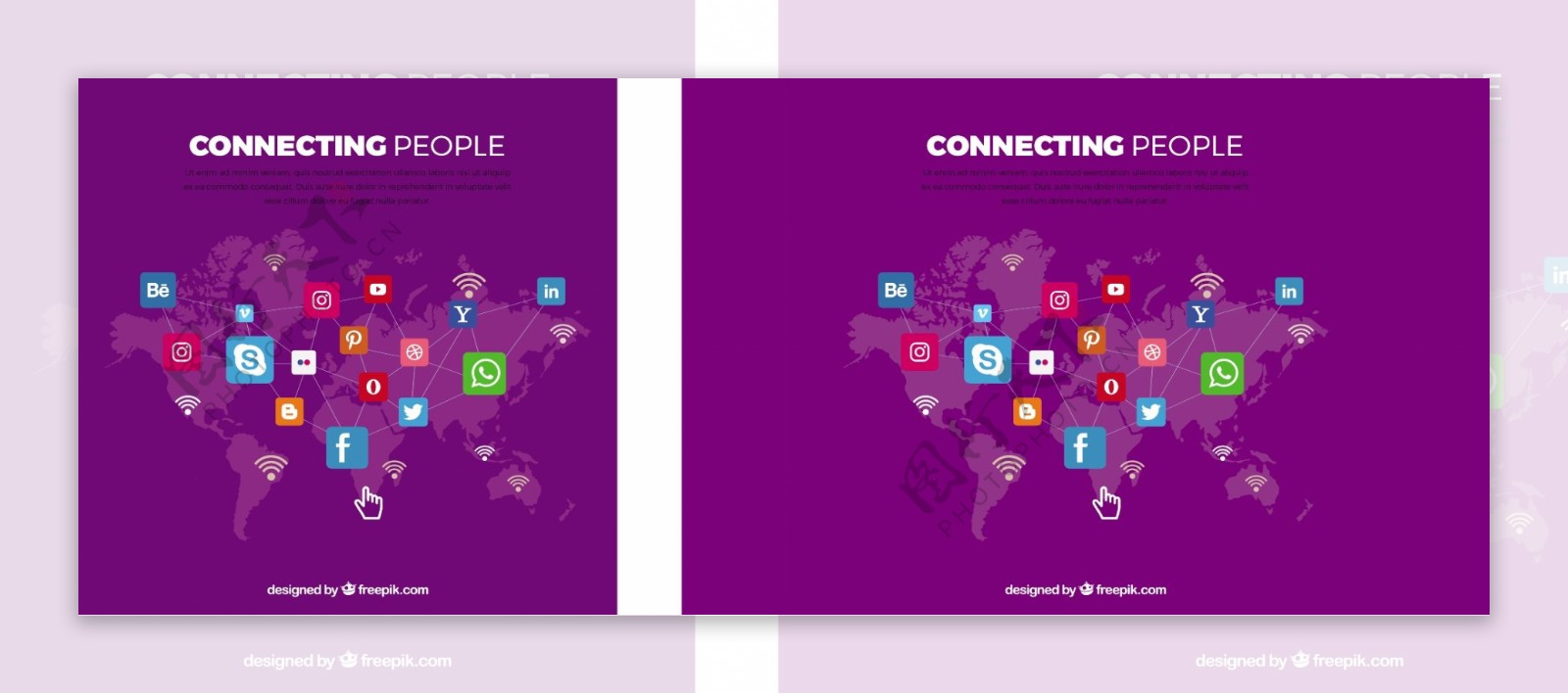 紫色背景与世界地图和社会网络图标