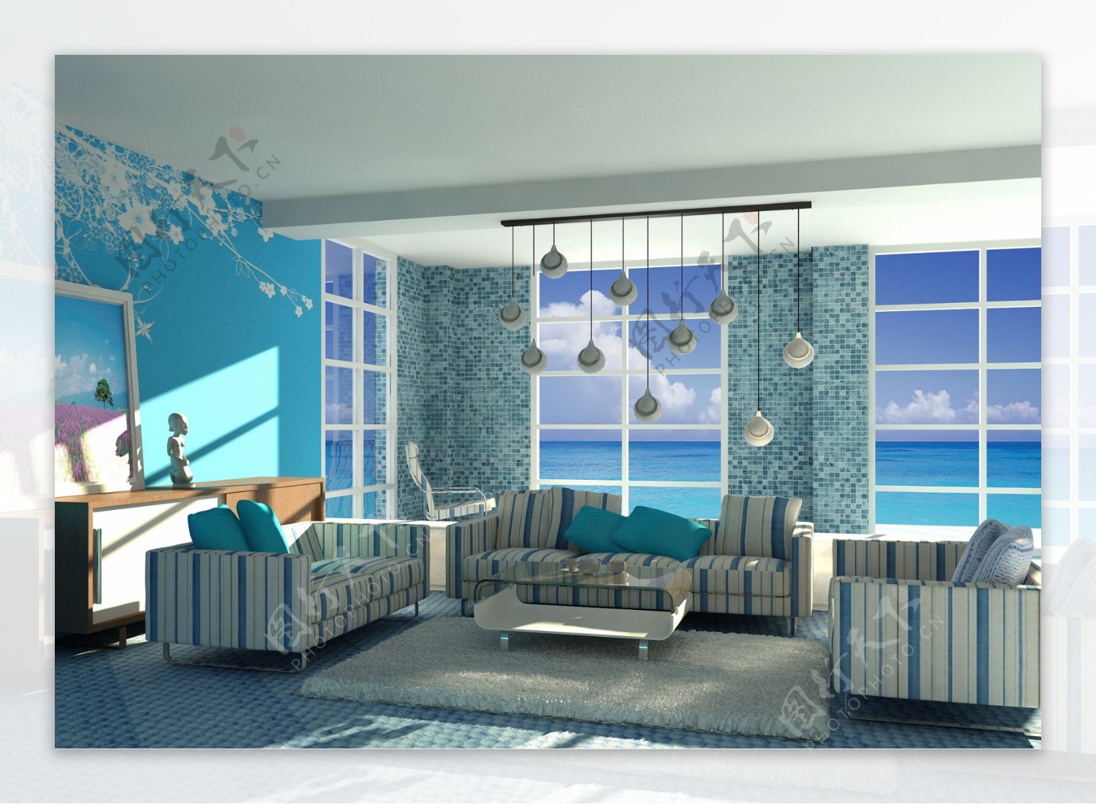 蓝色浪漫地中海蓝白客厅实景图-家样