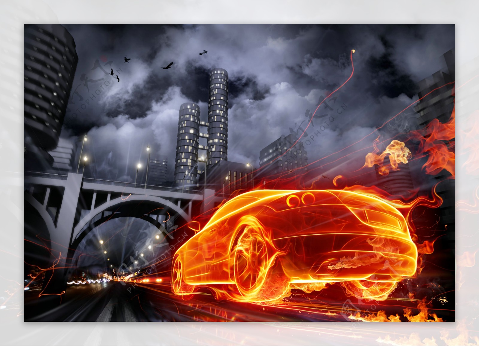 火焰汽车与城市图片