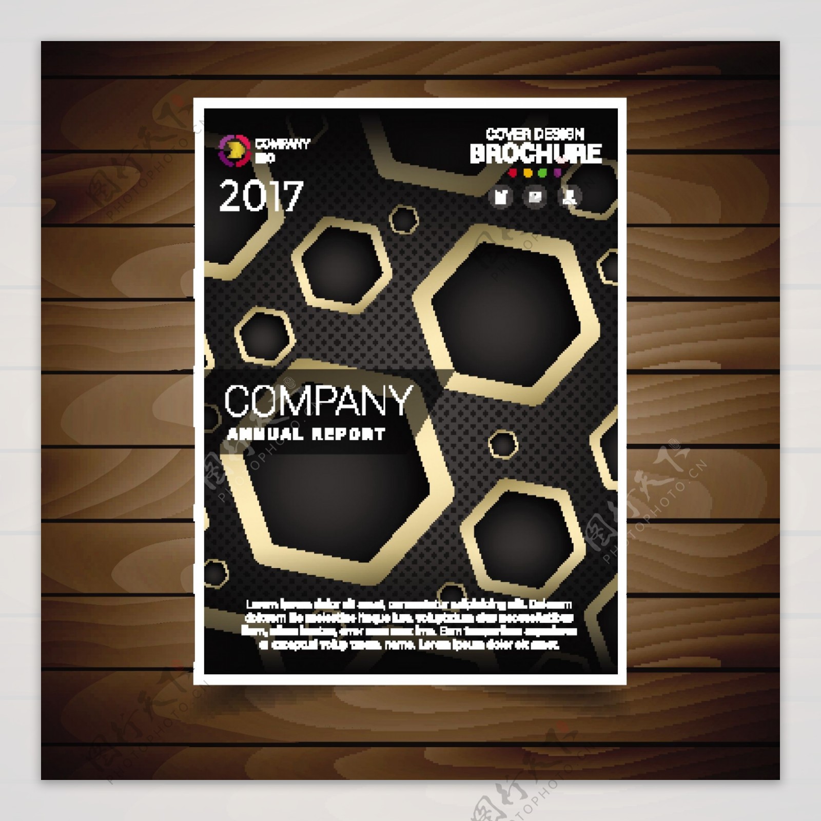 黑暗和金色六角孔宣传册设计模板自由向量