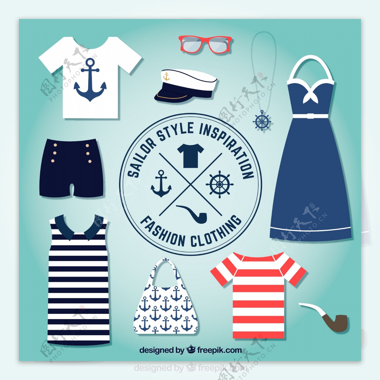 10款夏季海军风格服饰与配饰矢量图