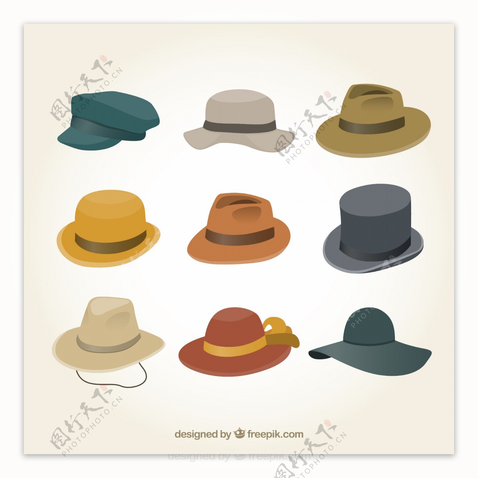 9款时尚帽子设计矢量图